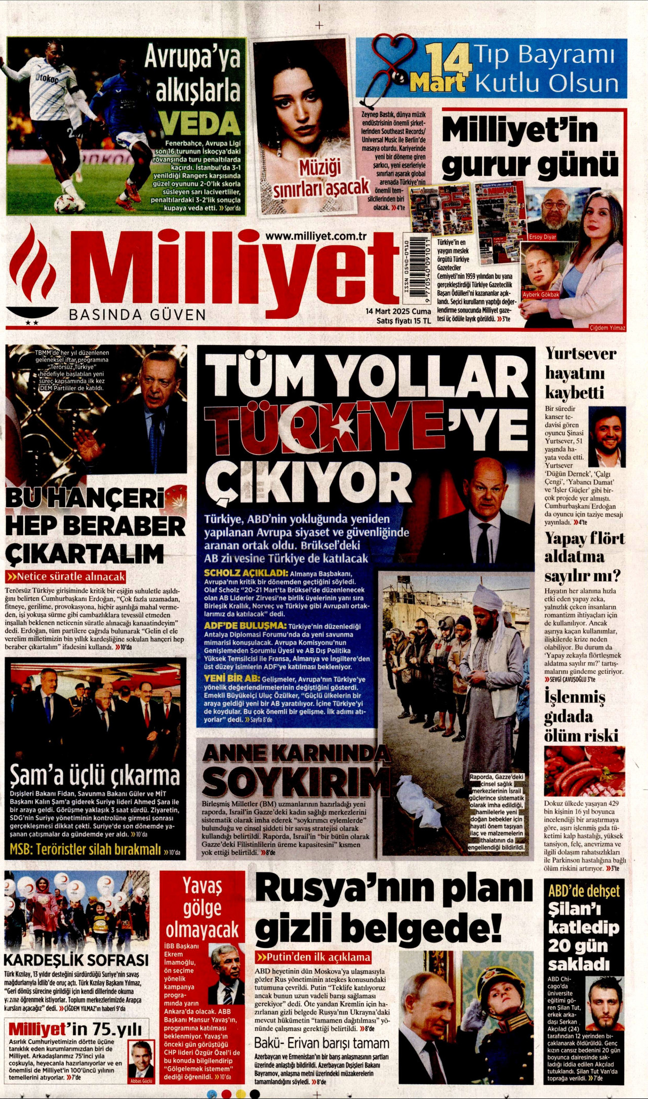 MİLLİYET gazetesinin 14 Mart 2025 tarihli birinci sayfası