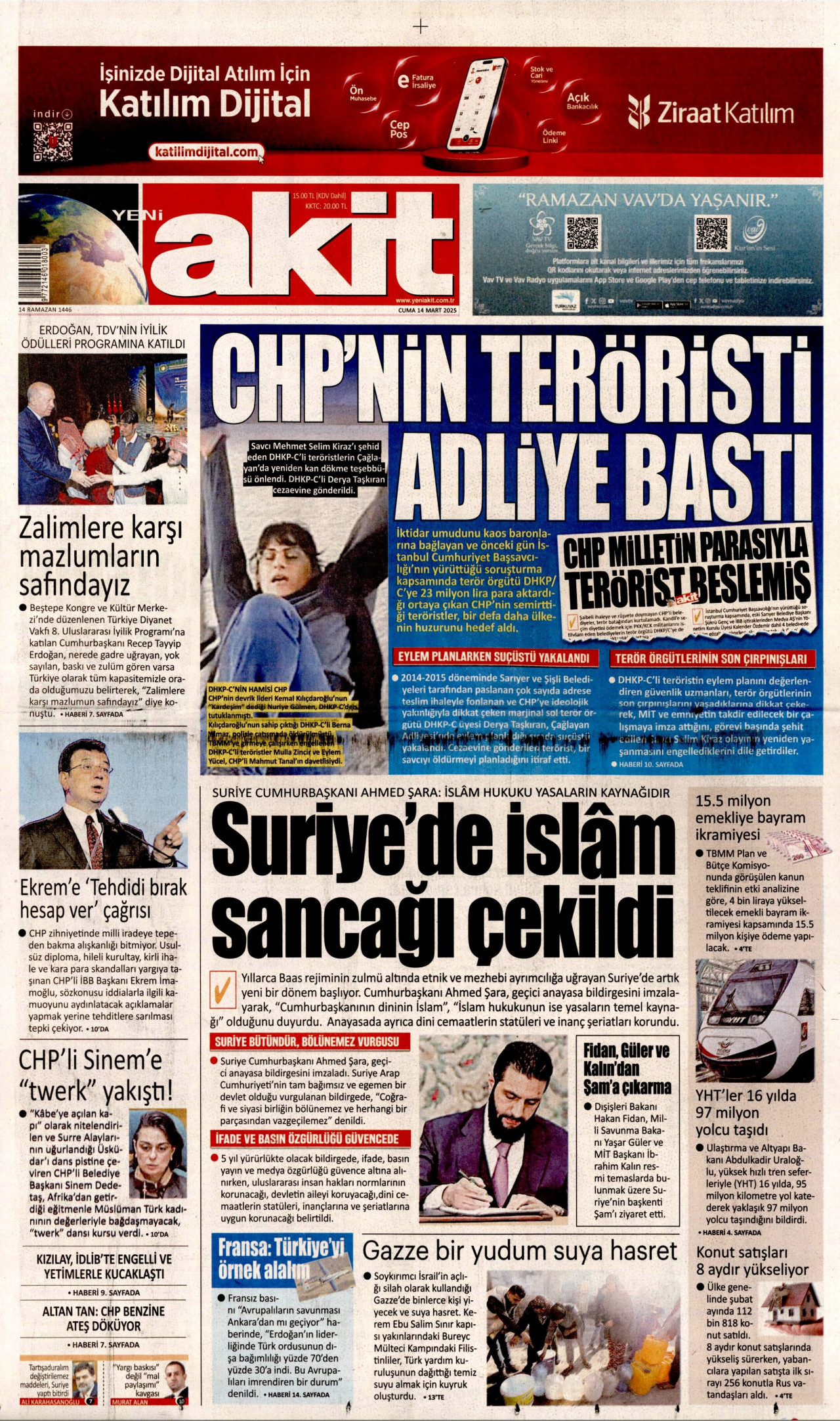 YENİ AKİT gazetesinin 14 Mart 2025 tarihli birinci sayfası