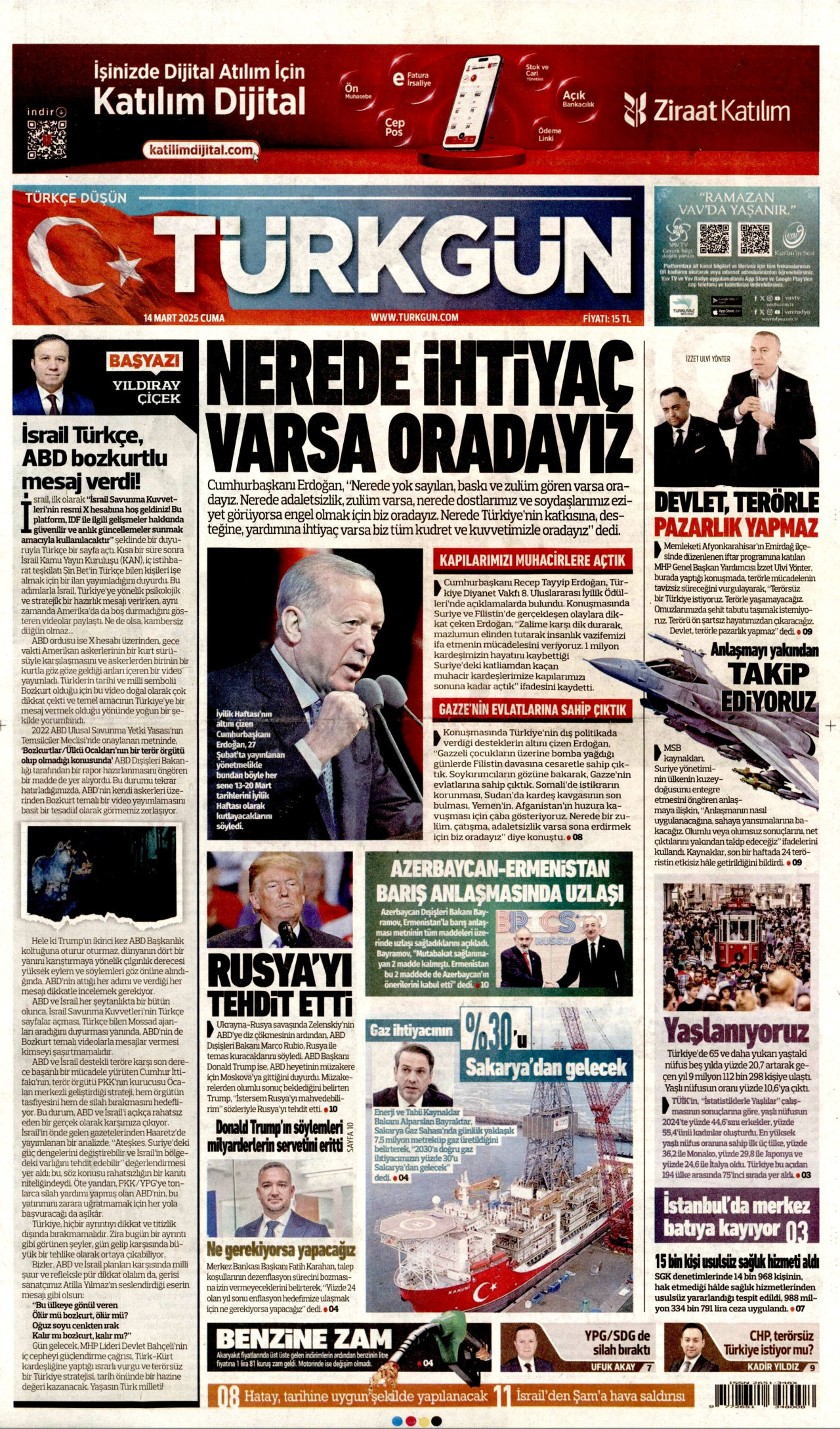 TÜRKGÜN gazetesinin 14 Mart 2025 tarihli birinci sayfası