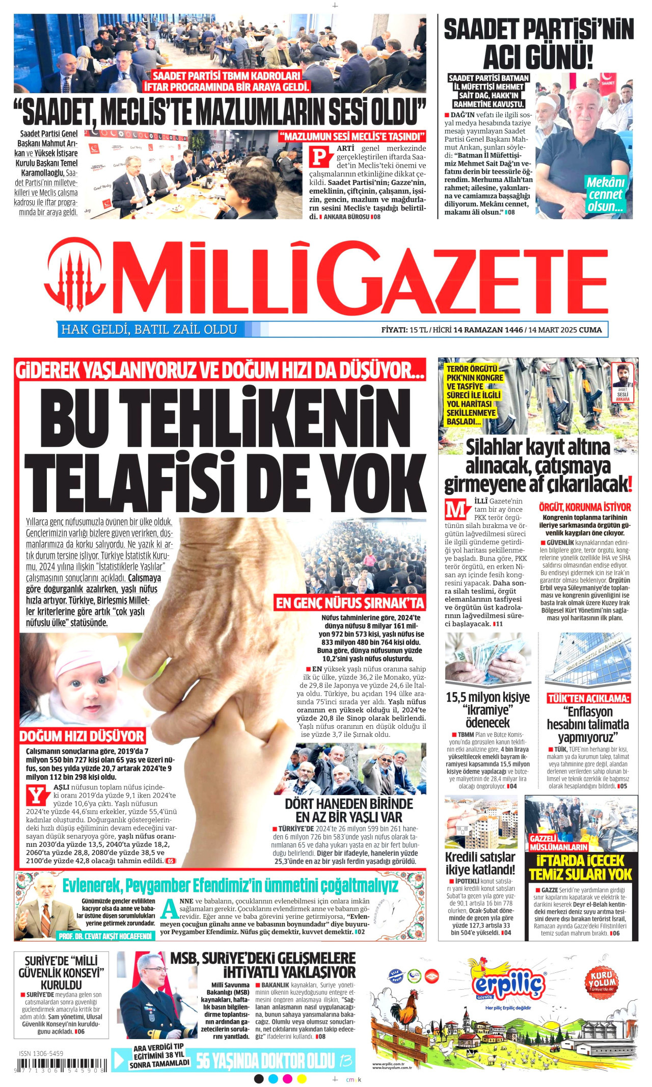 MİLLİ GAZETE gazetesinin 14 Mart 2025 tarihli birinci sayfası