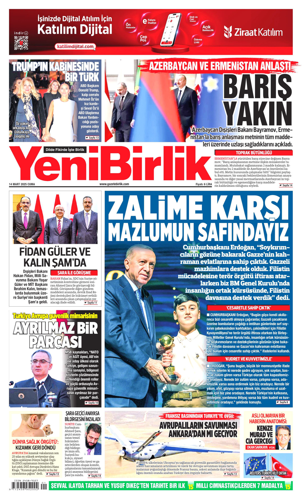 YENİBİRLİK gazetesinin 14 Mart 2025 tarihli birinci sayfası
