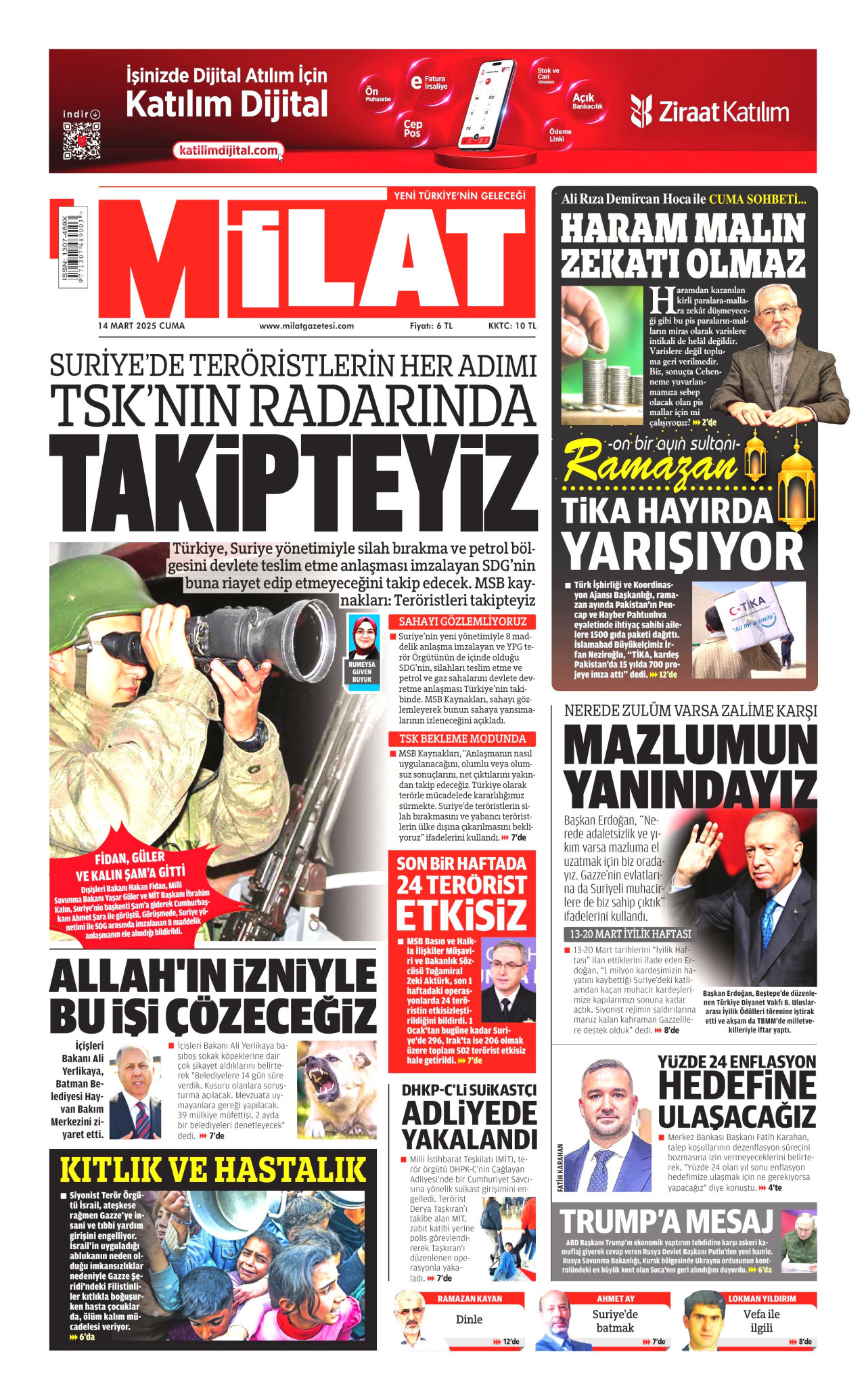 MİLAT gazetesinin 14 Mart 2025 tarihli birinci sayfası