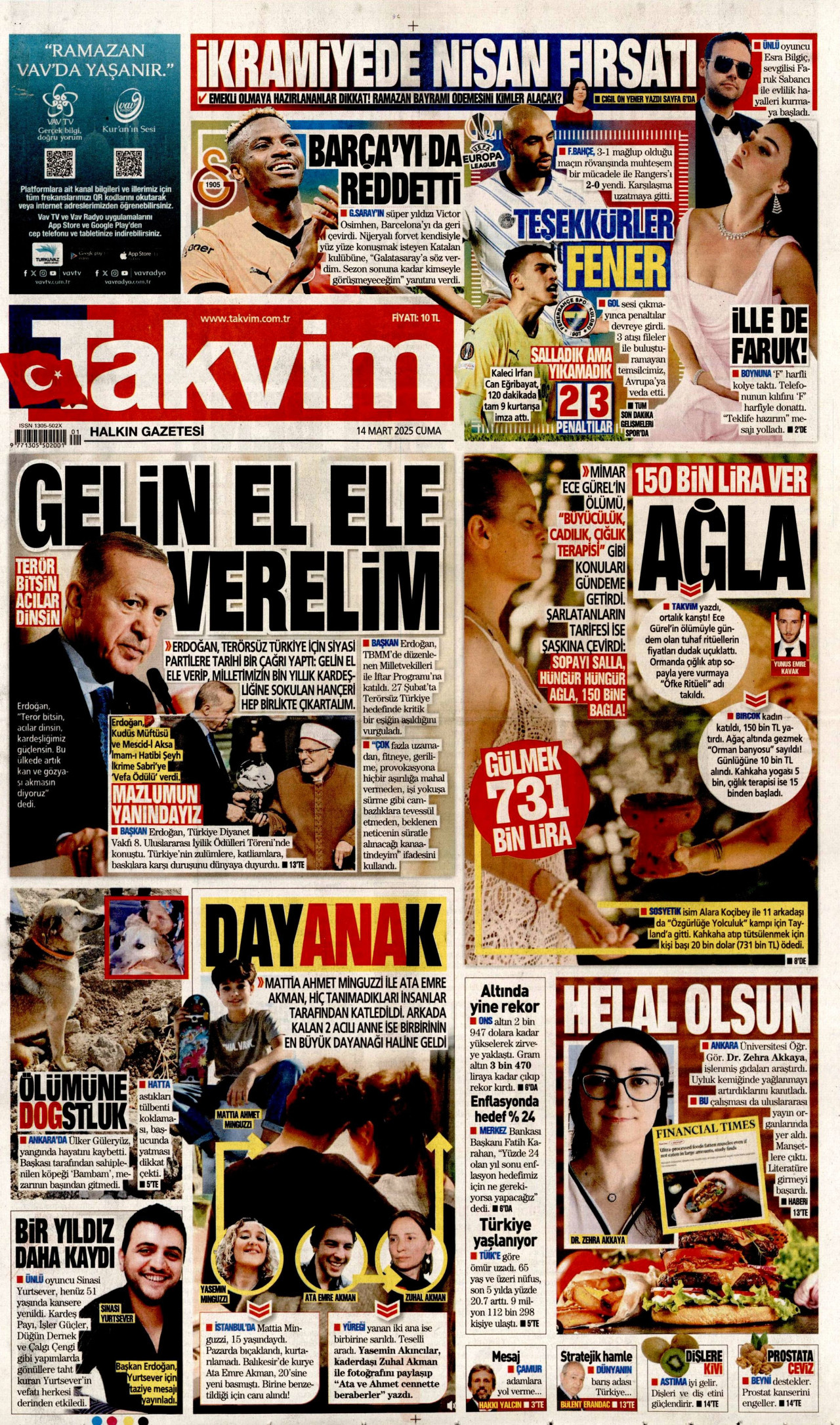 TAKVİM gazetesinin 14 Mart 2025 tarihli birinci sayfası