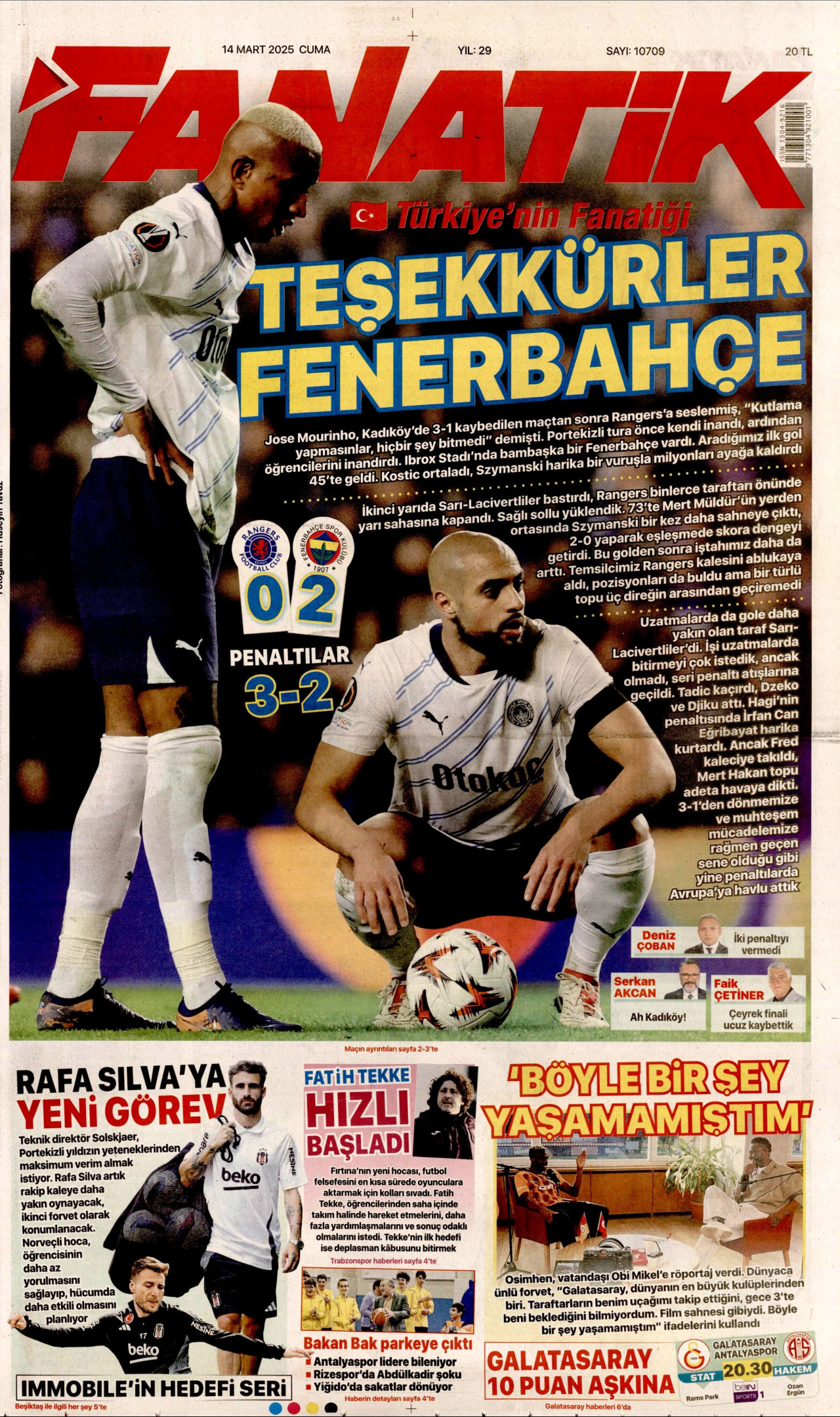 FANATİK gazetesinin 14 Mart 2025 tarihli birinci sayfası