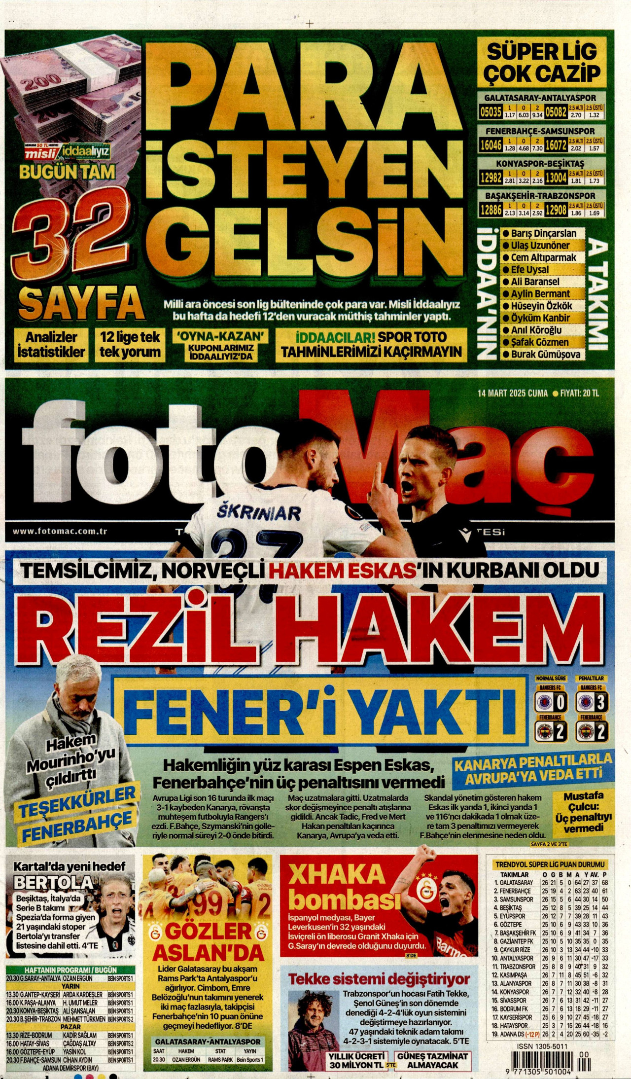 FOTOMAÇ gazetesinin 14 Mart 2025 tarihli birinci sayfası