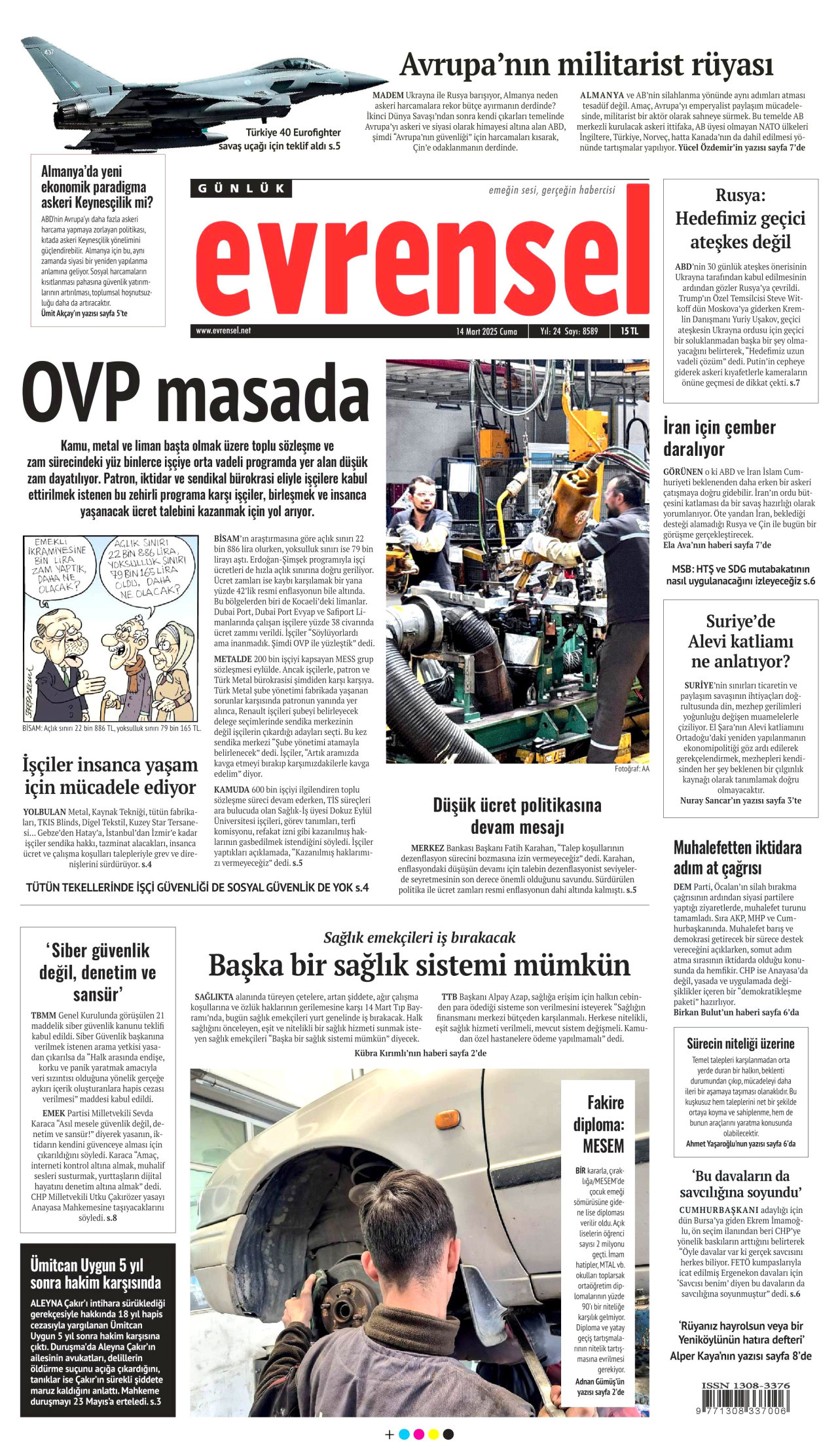 EVRENSEL gazetesinin 14 Mart 2025 tarihli birinci sayfası