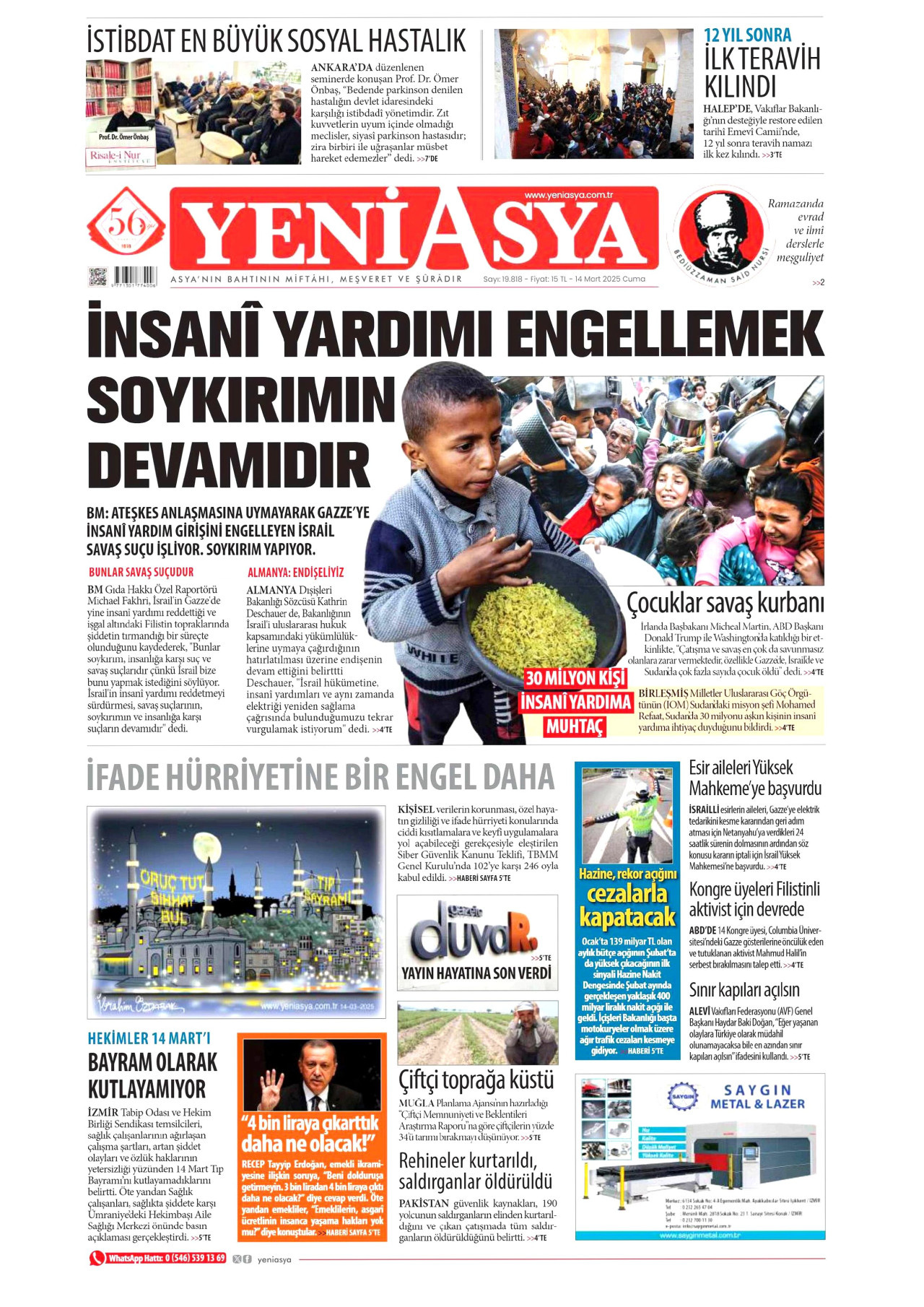 YENİ ASYA gazetesinin 14 Mart 2025 tarihli birinci sayfası