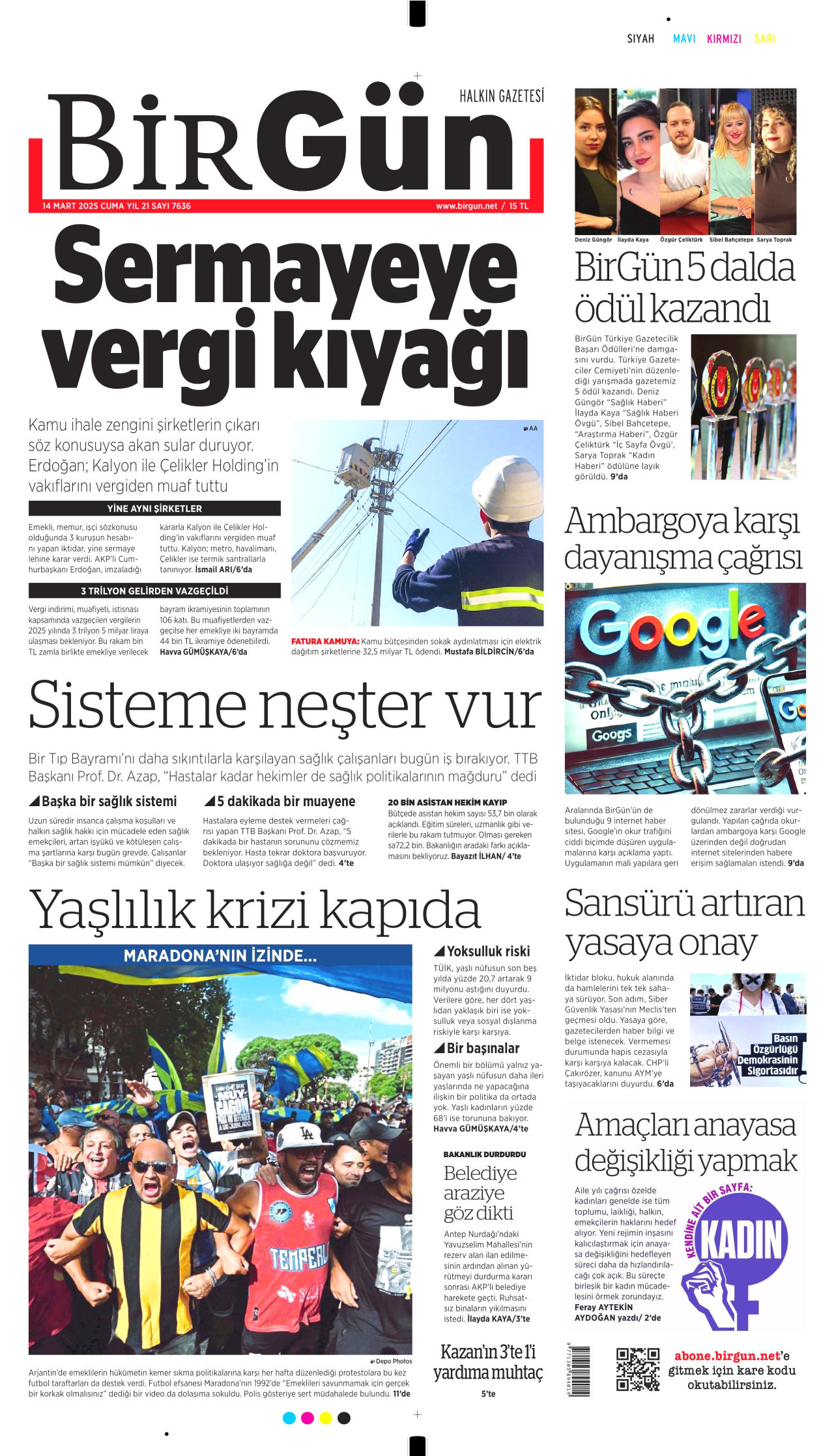 BİRGÜN gazetesinin 14 Mart 2025 tarihli birinci sayfası