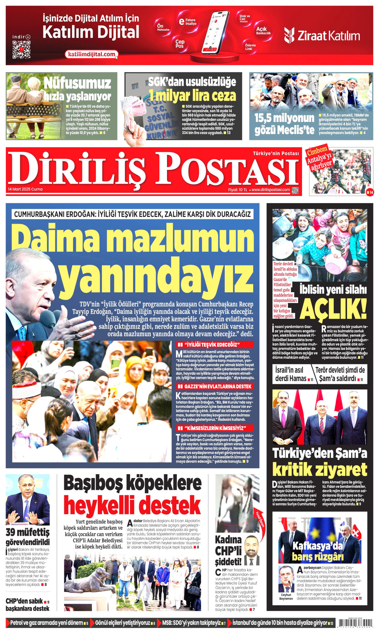 DİRİLİŞ POSTASI gazetesinin 14 Mart 2025 tarihli birinci sayfası