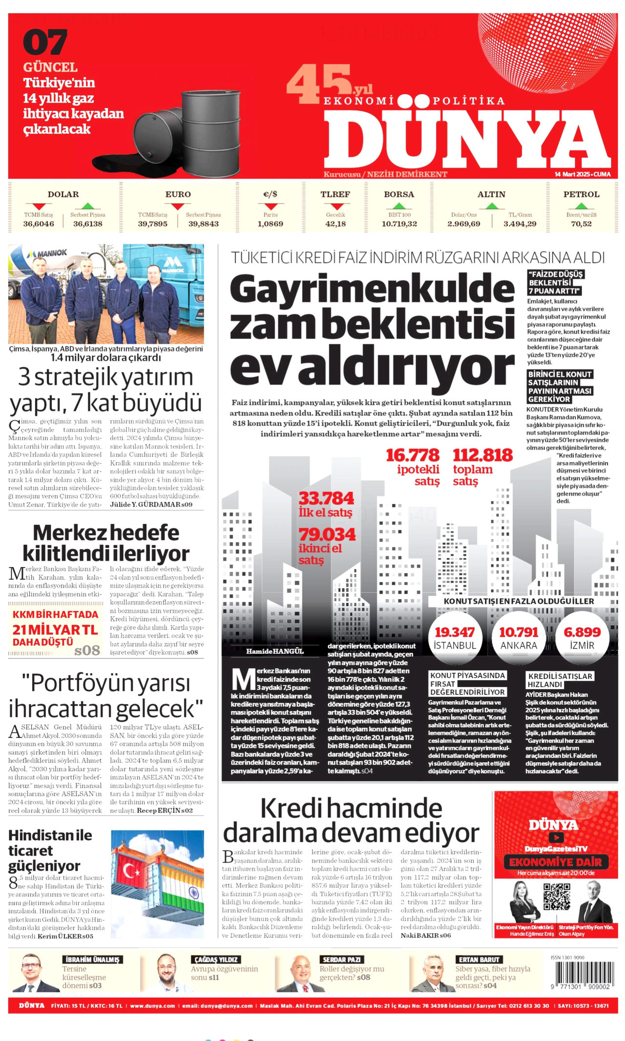 DÜNYA gazetesinin 14 Mart 2025 tarihli birinci sayfası