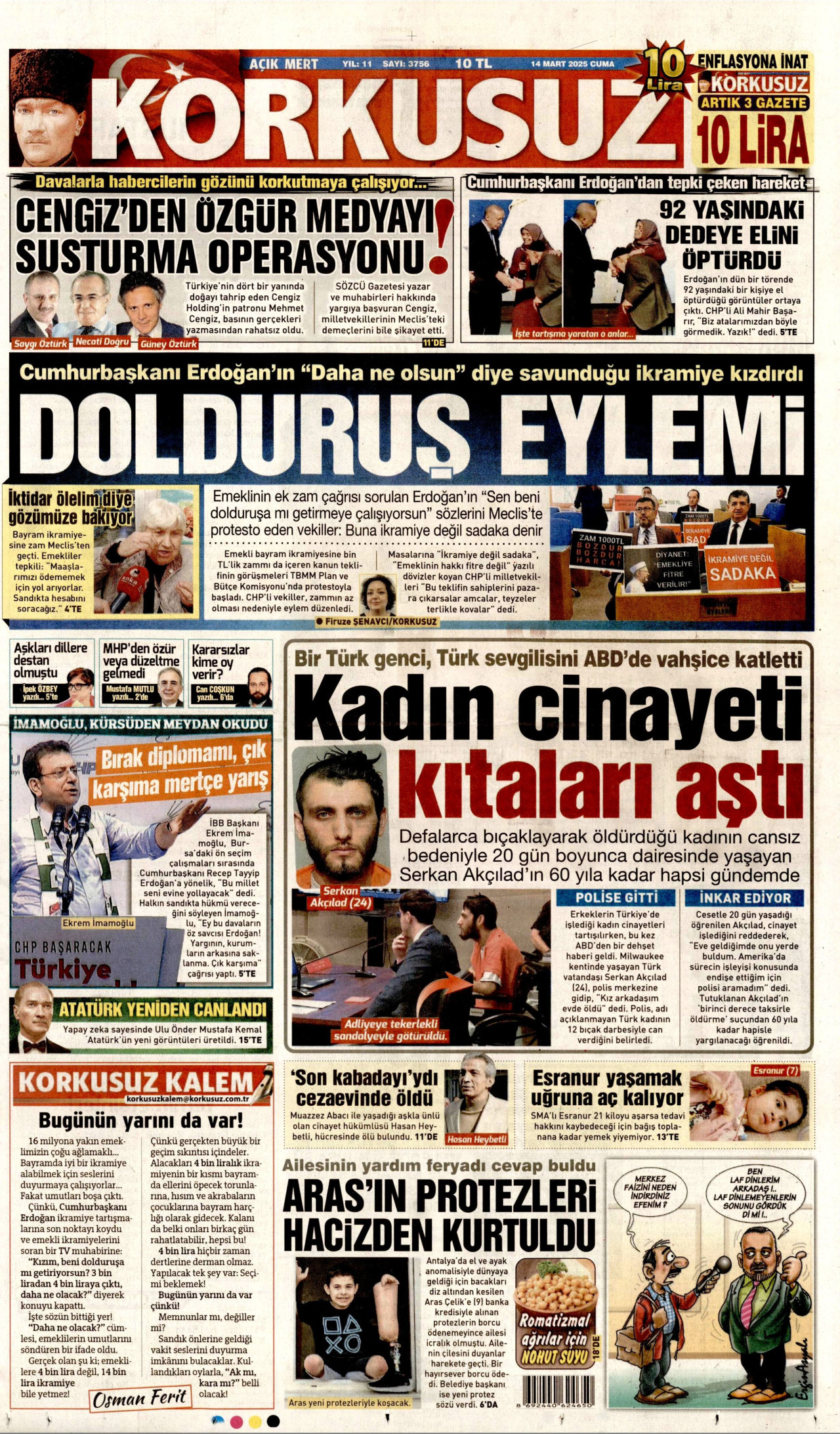 KORKUSUZ gazetesinin 14 Mart 2025 tarihli birinci sayfası