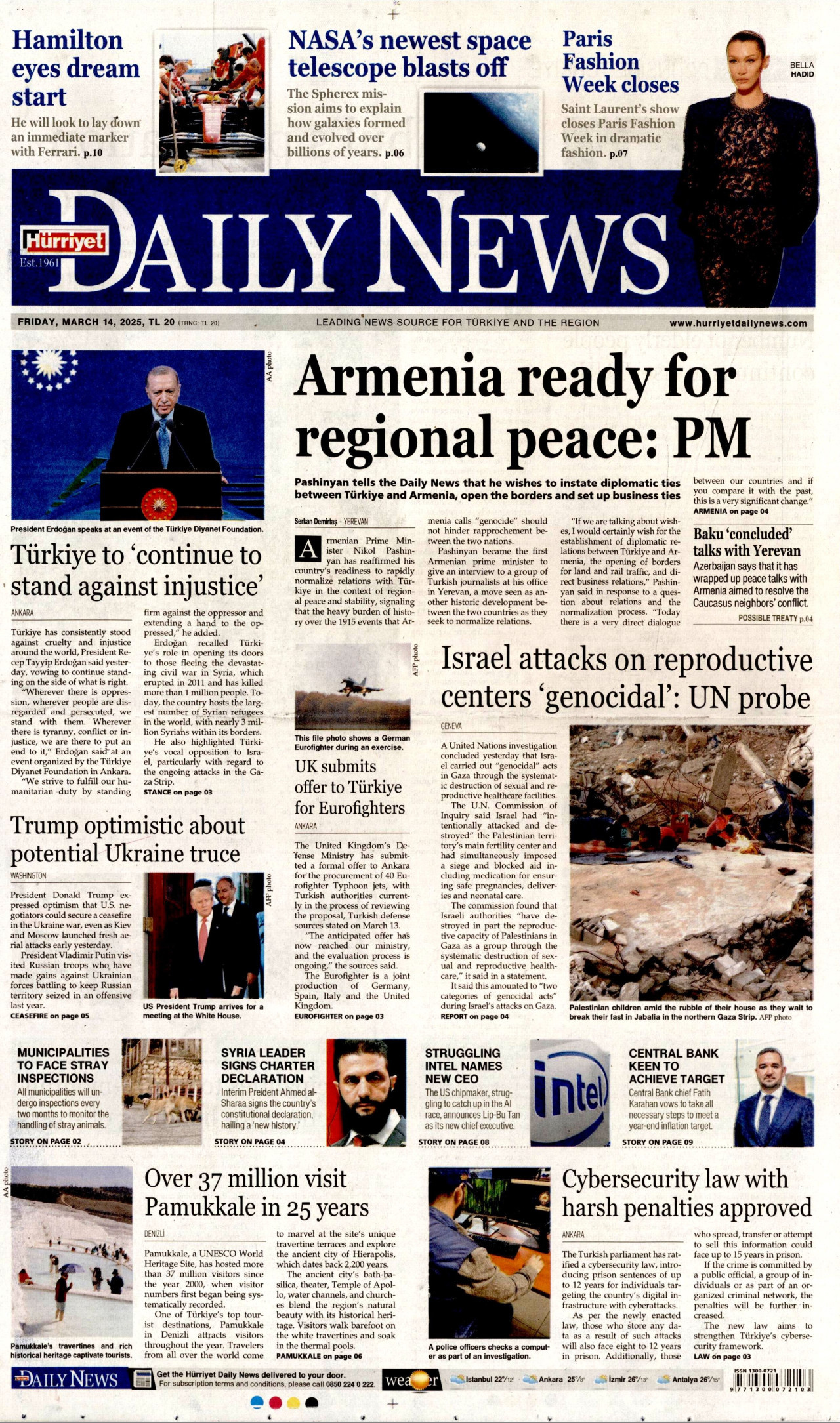 HÜRRİYET DAİLY NEWS gazetesinin 14 Mart 2025 tarihli birinci sayfası