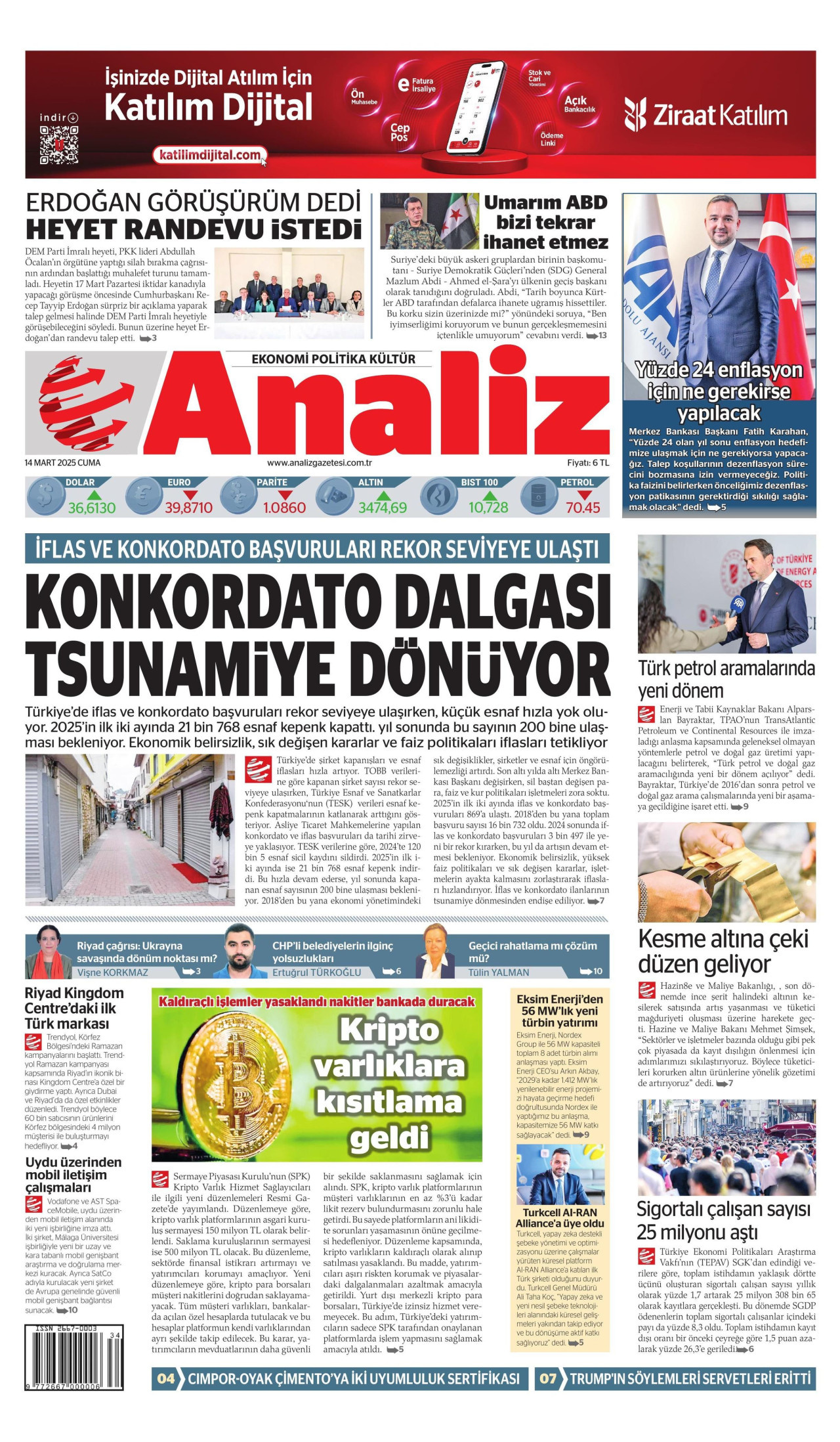 ANALİZ gazetesinin 14 Mart 2025 tarihli birinci sayfası