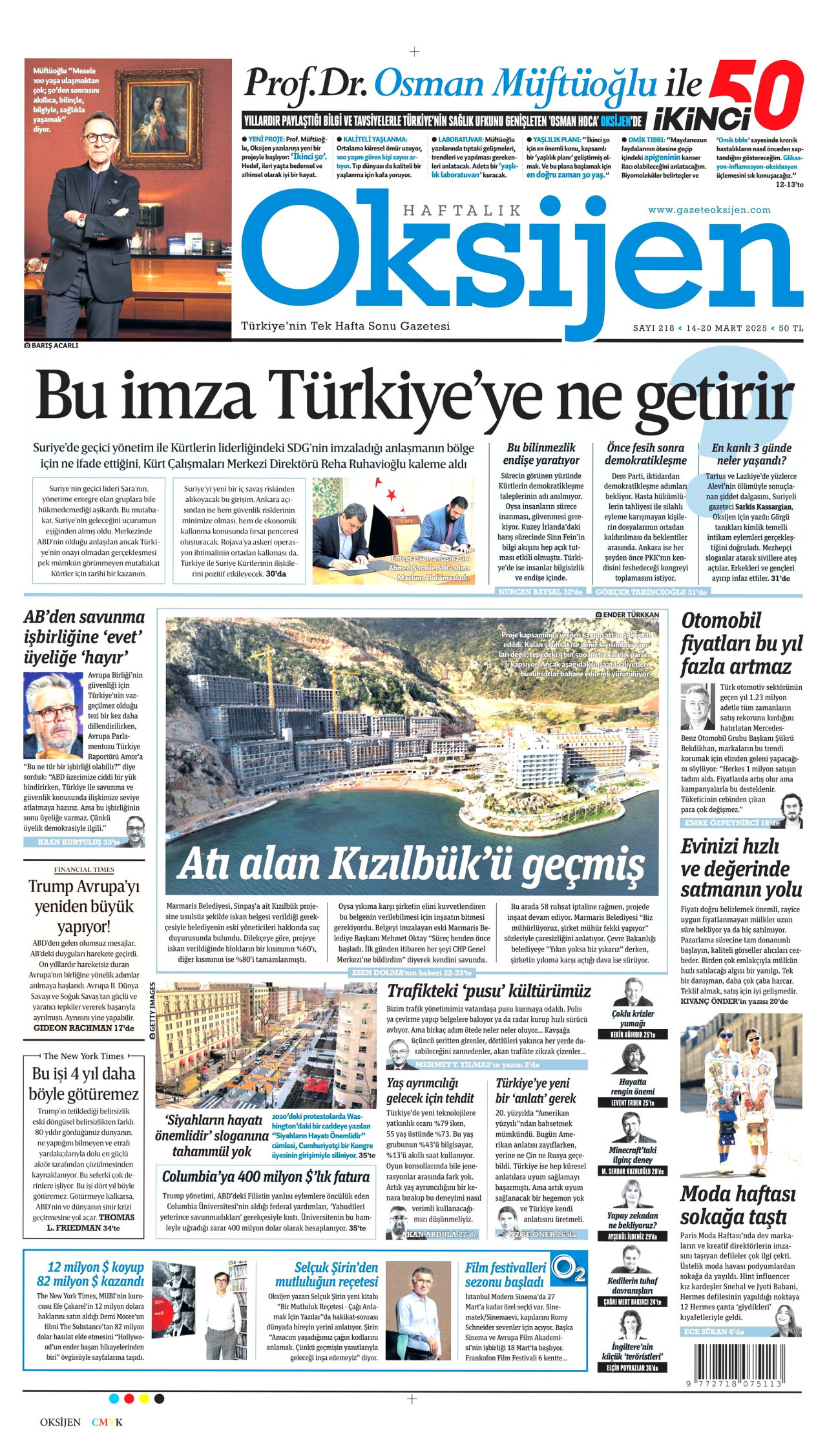OKSİJEN gazetesinin 14 Mart 2025 tarihli birinci sayfası