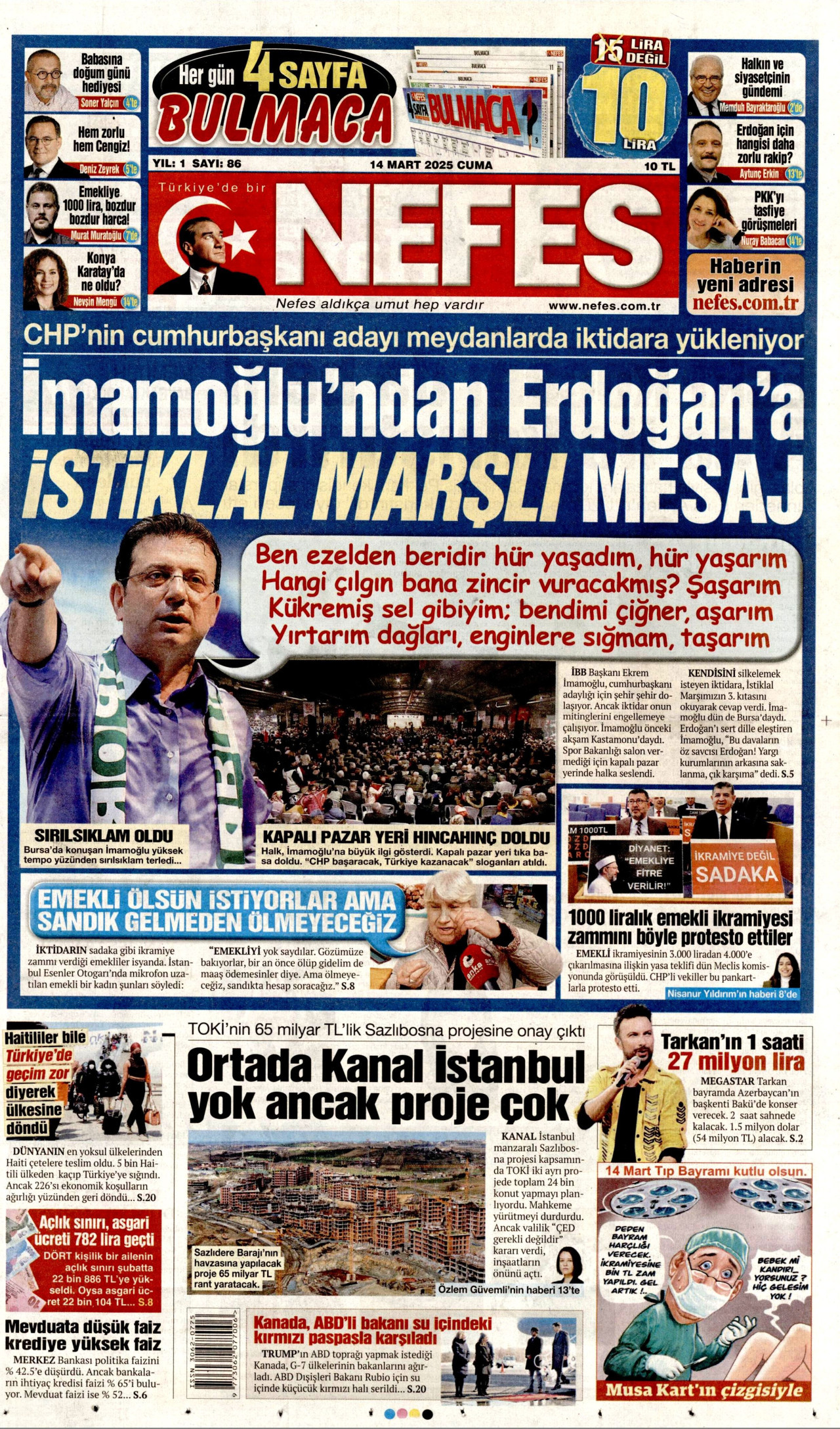 NEFES gazetesinin 14 Mart 2025 tarihli birinci sayfası