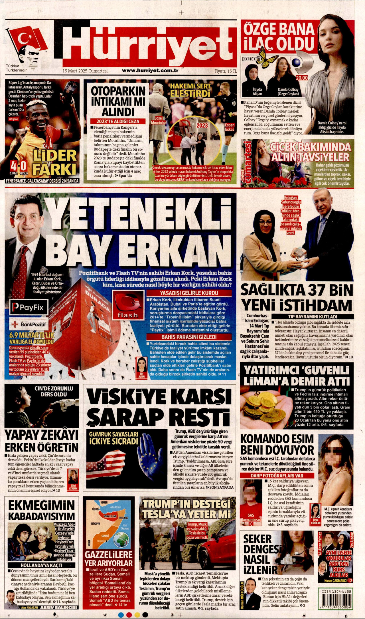 HÜRRİYET gazetesinin 15 Mart 2025 tarihli birinci sayfası