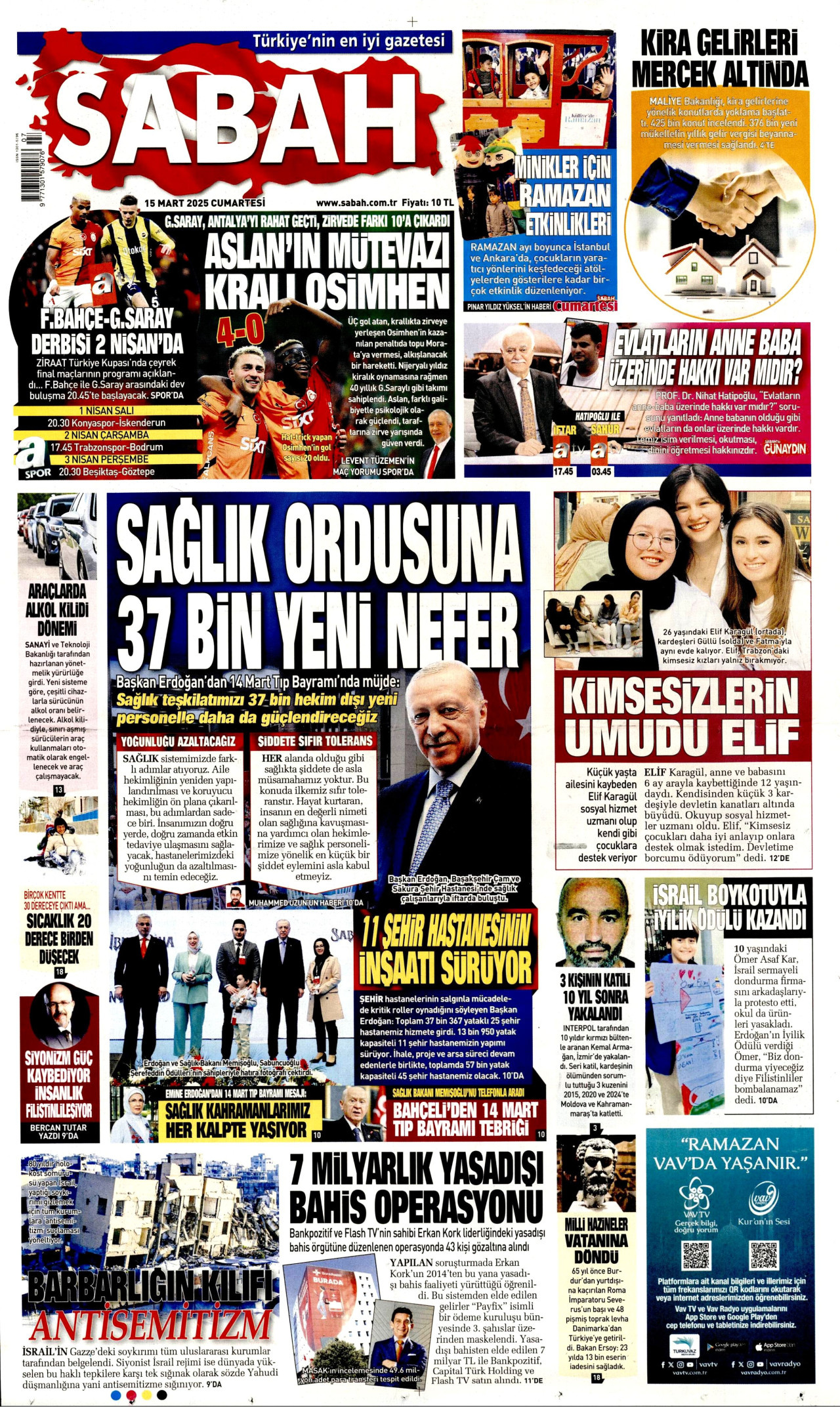 SABAH gazetesinin 15 Mart 2025 tarihli birinci sayfası