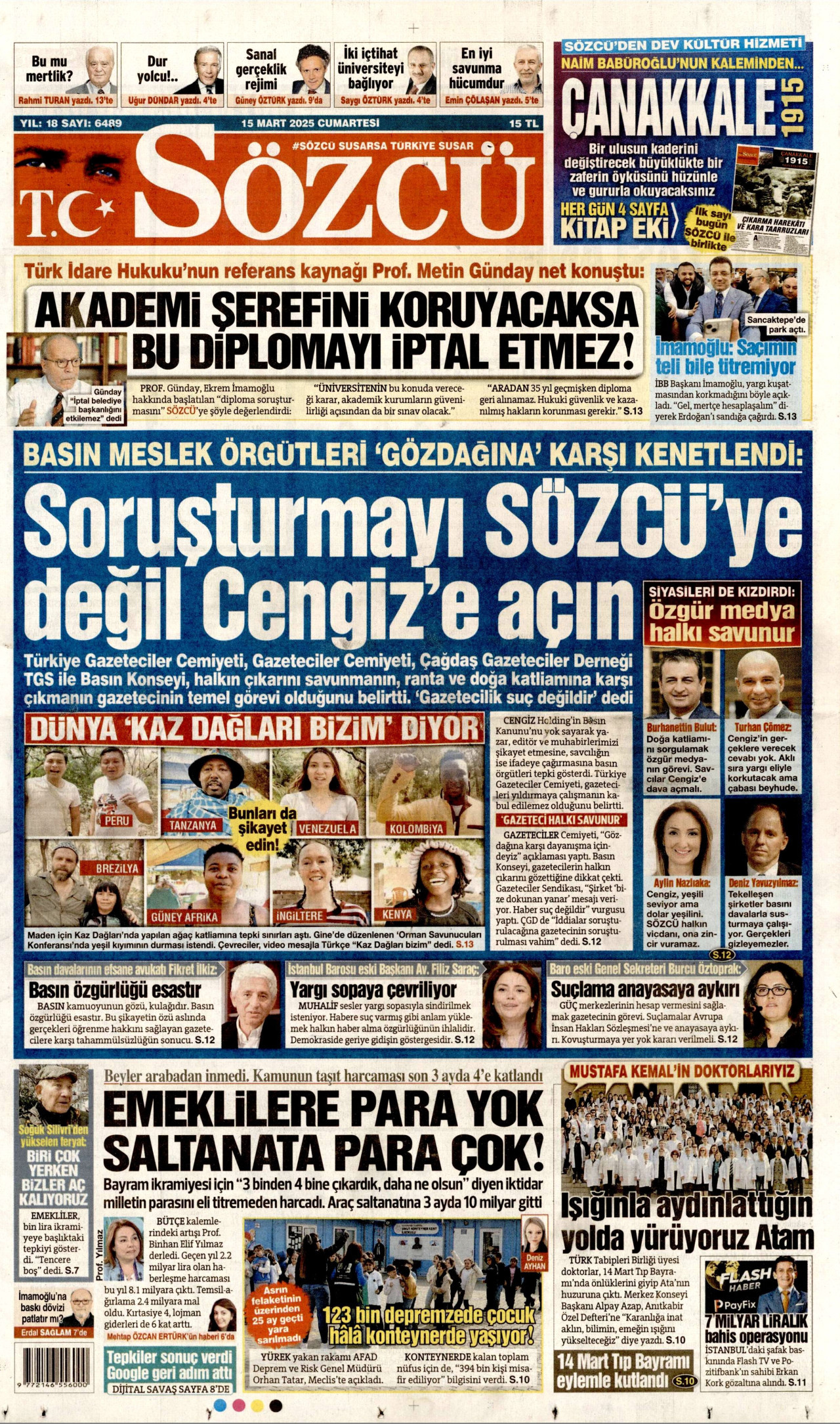 SÖZCÜ gazetesinin 15 Mart 2025 tarihli birinci sayfası
