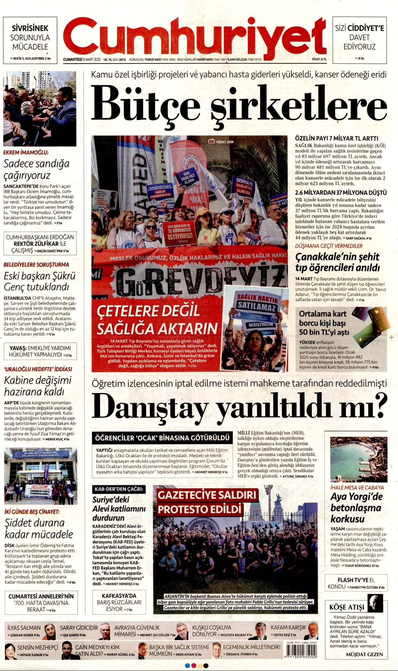 CUMHURİYET gazetesinin 15 Mart 2025 tarihli birinci sayfası