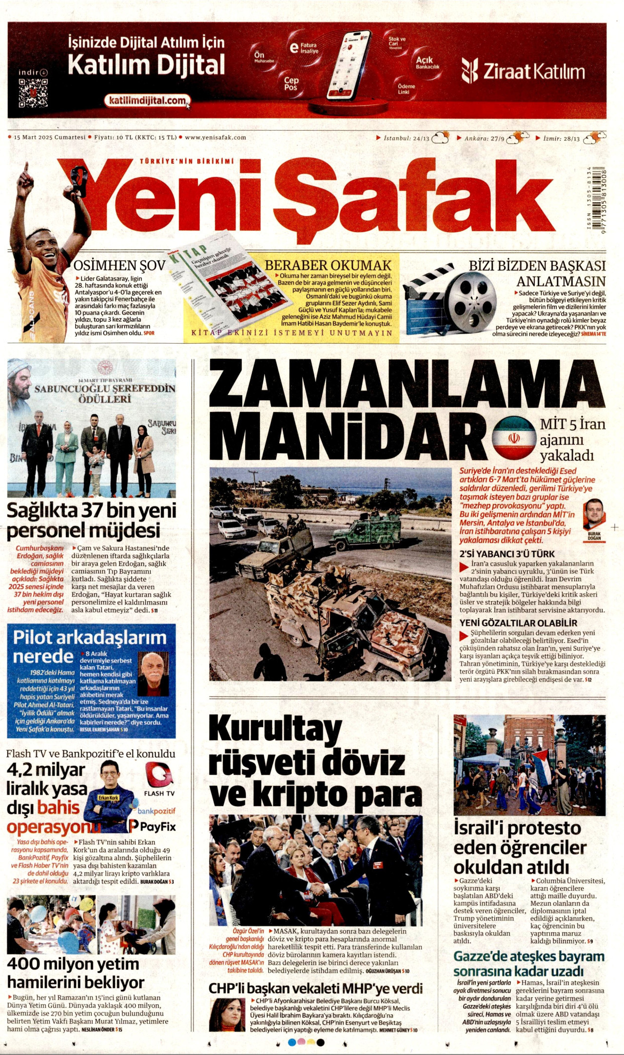 YENİ ŞAFAK gazetesinin 15 Mart 2025 tarihli birinci sayfası
