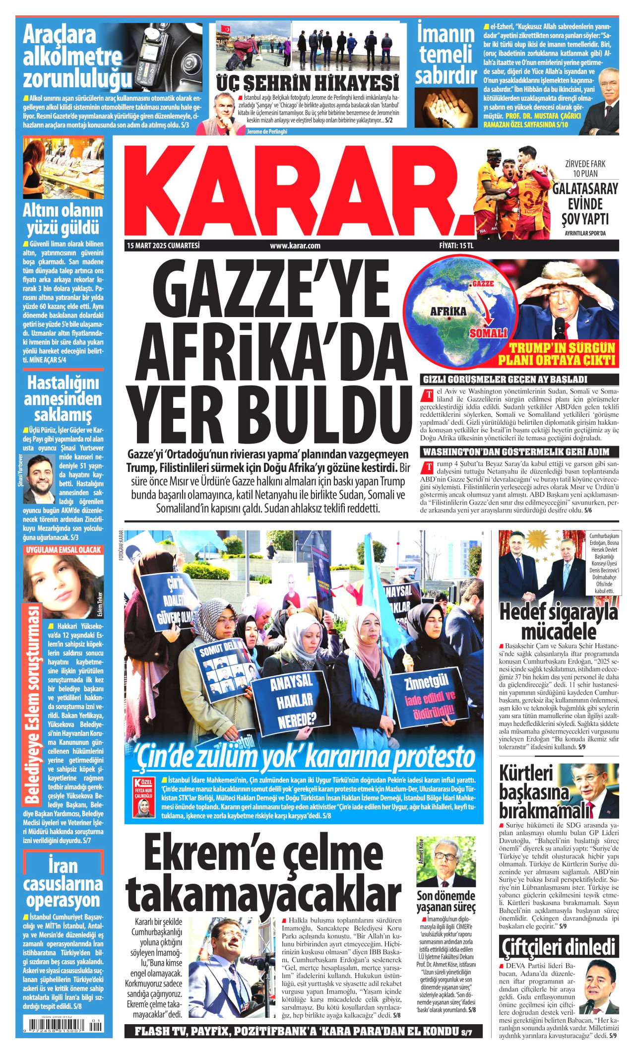 KARAR gazetesinin 15 Mart 2025 tarihli birinci sayfası
