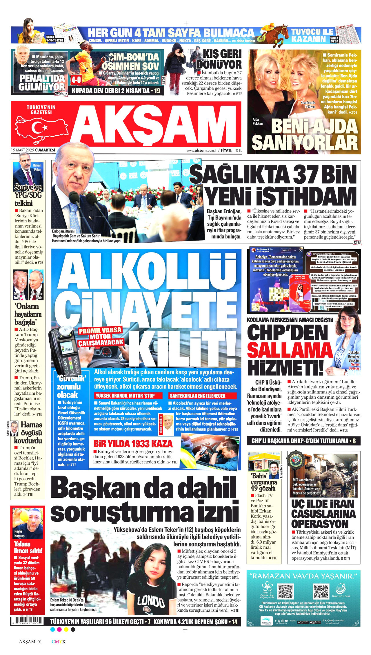 AKŞAM gazetesinin 15 Mart 2025 tarihli birinci sayfası