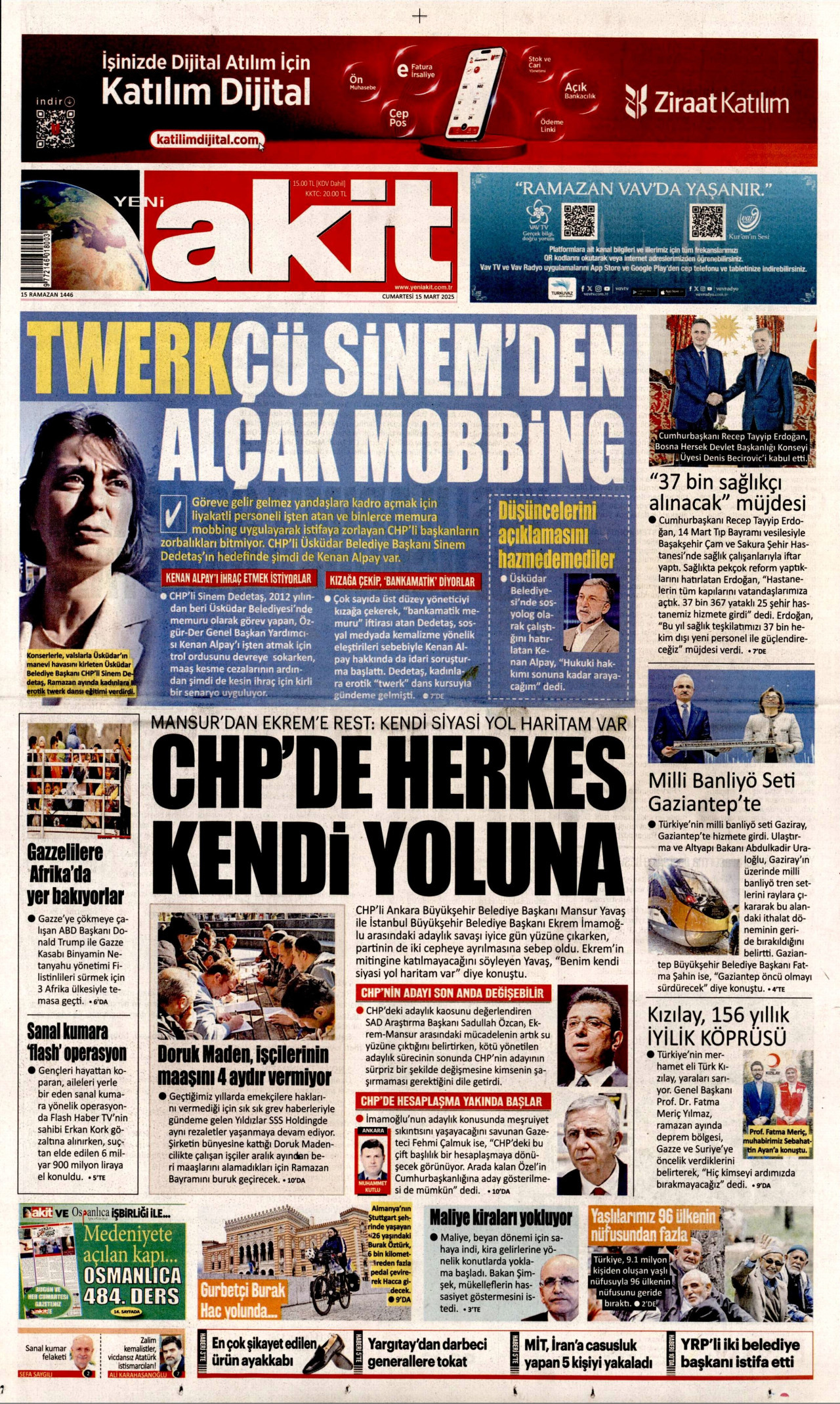 YENİ AKİT gazetesinin 15 Mart 2025 tarihli birinci sayfası