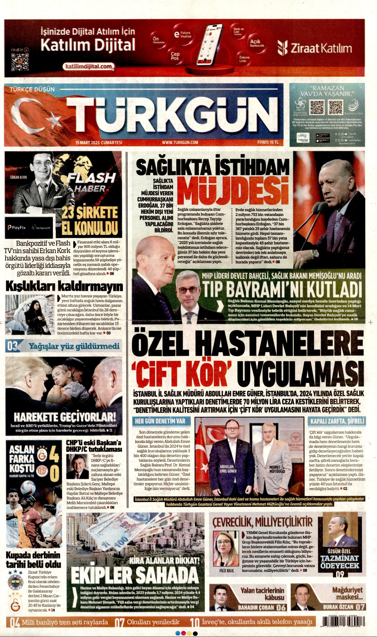 TÜRKGÜN gazetesinin 15 Mart 2025 tarihli birinci sayfası