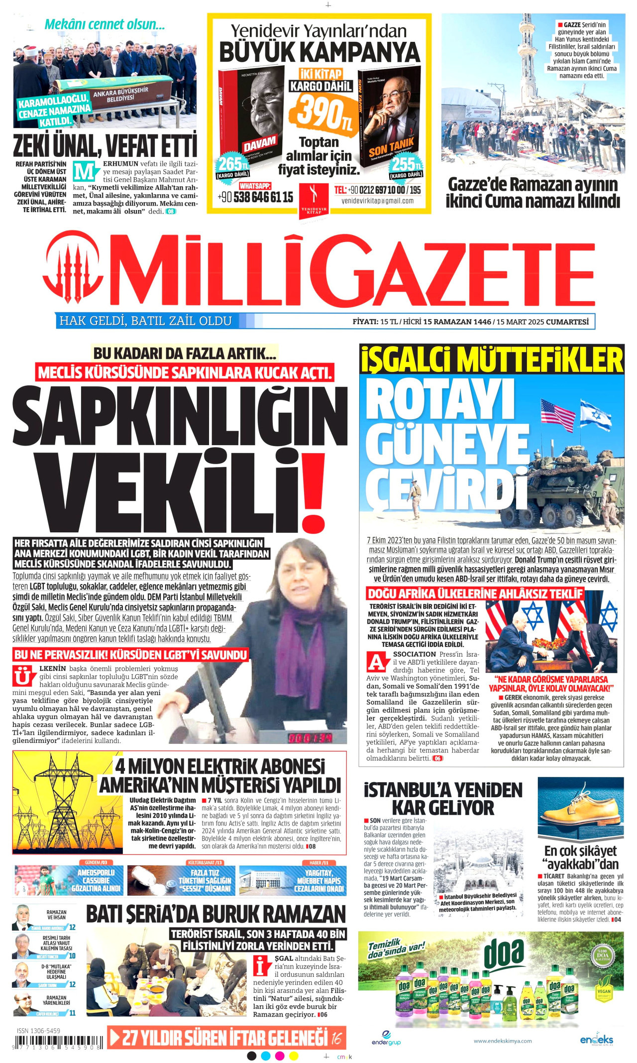 MİLLİ GAZETE gazetesinin 15 Mart 2025 tarihli birinci sayfası
