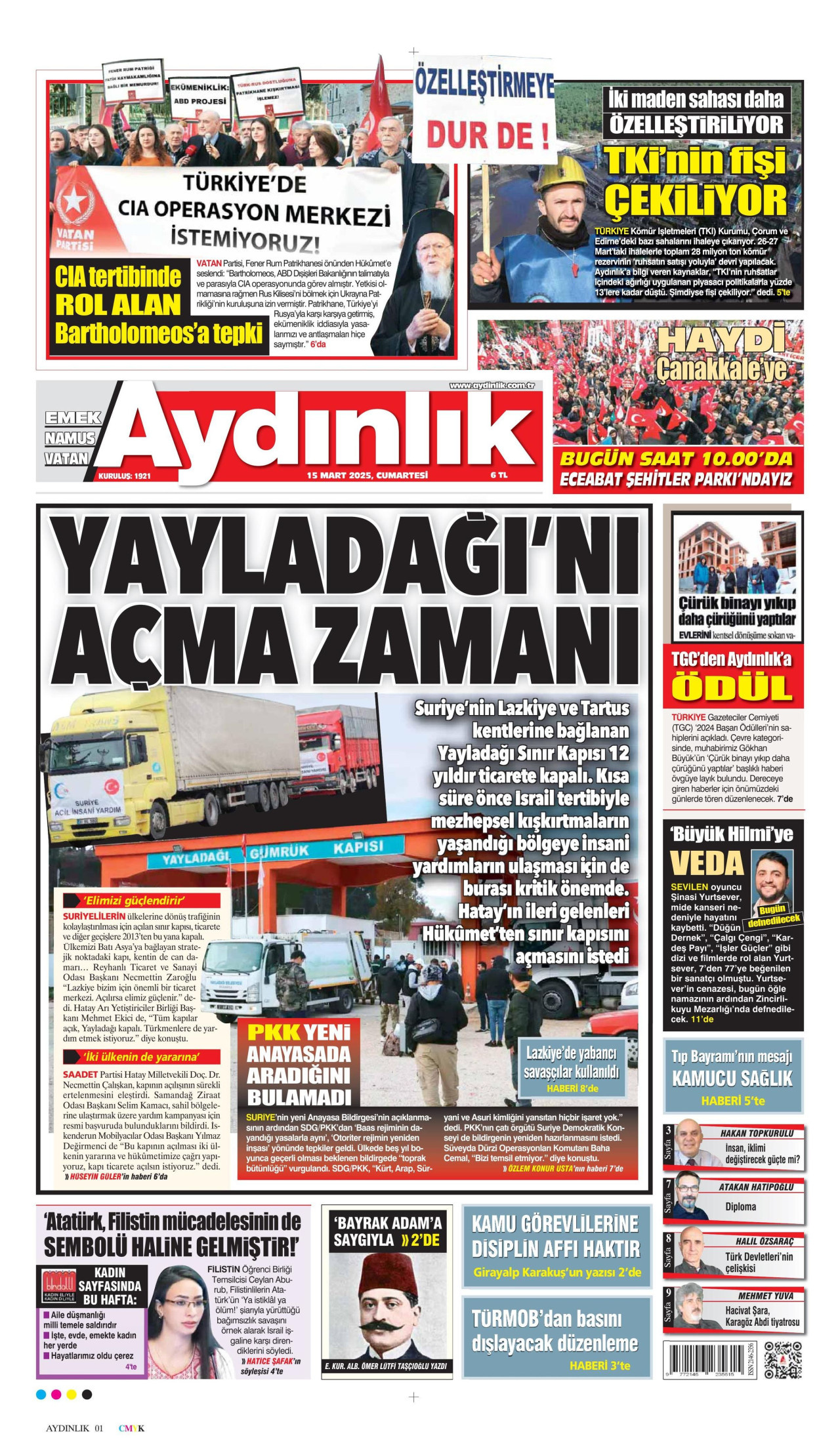 AYDINLIK GAZETESİ gazetesinin 15 Mart 2025 tarihli birinci sayfası