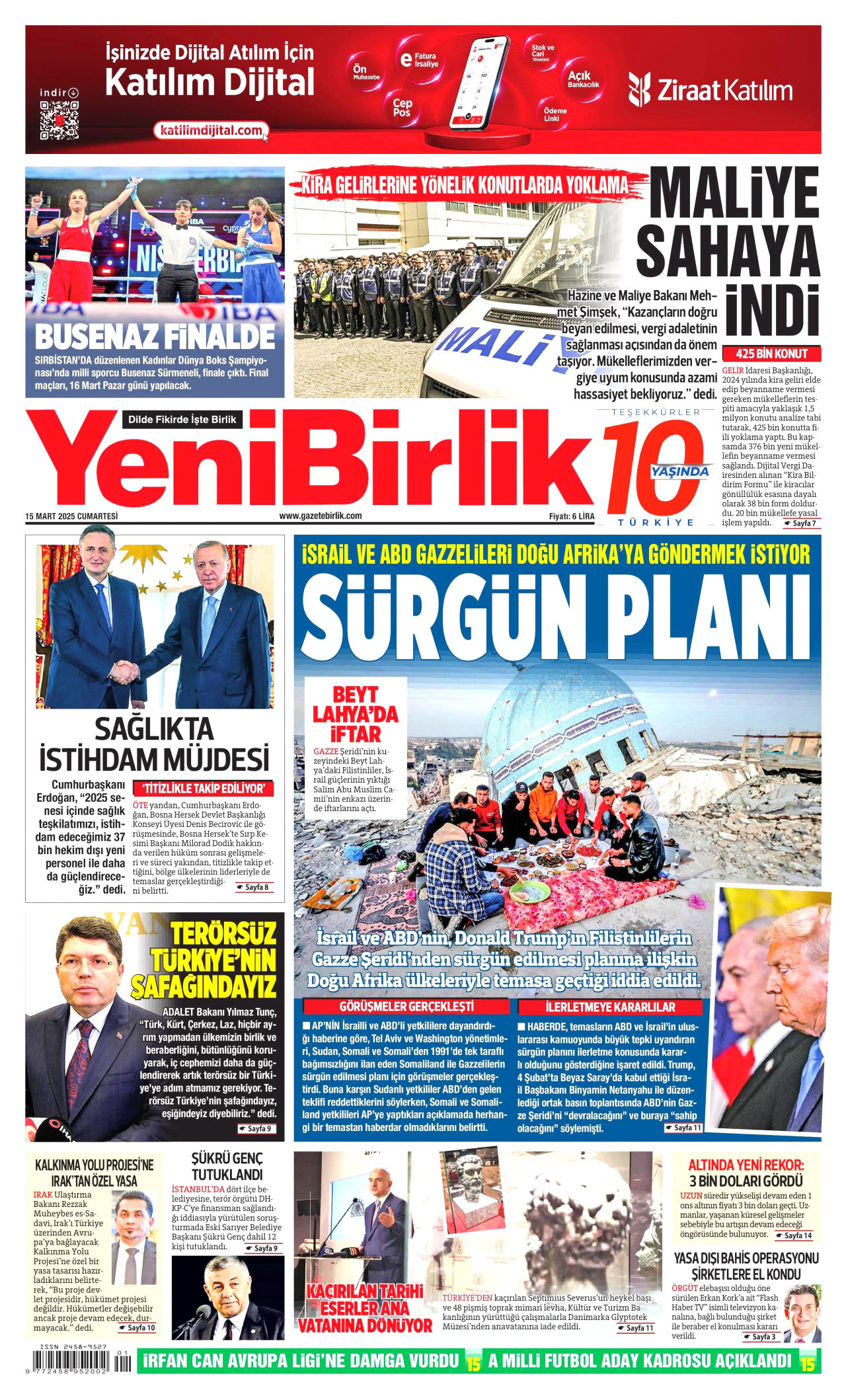 YENİBİRLİK gazetesinin 15 Mart 2025 tarihli birinci sayfası