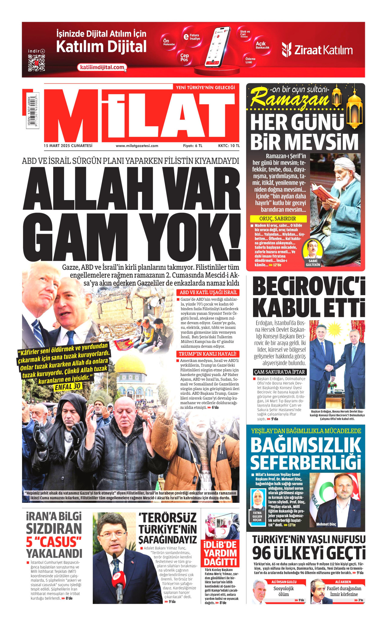 MİLAT gazetesinin 15 Mart 2025 tarihli birinci sayfası