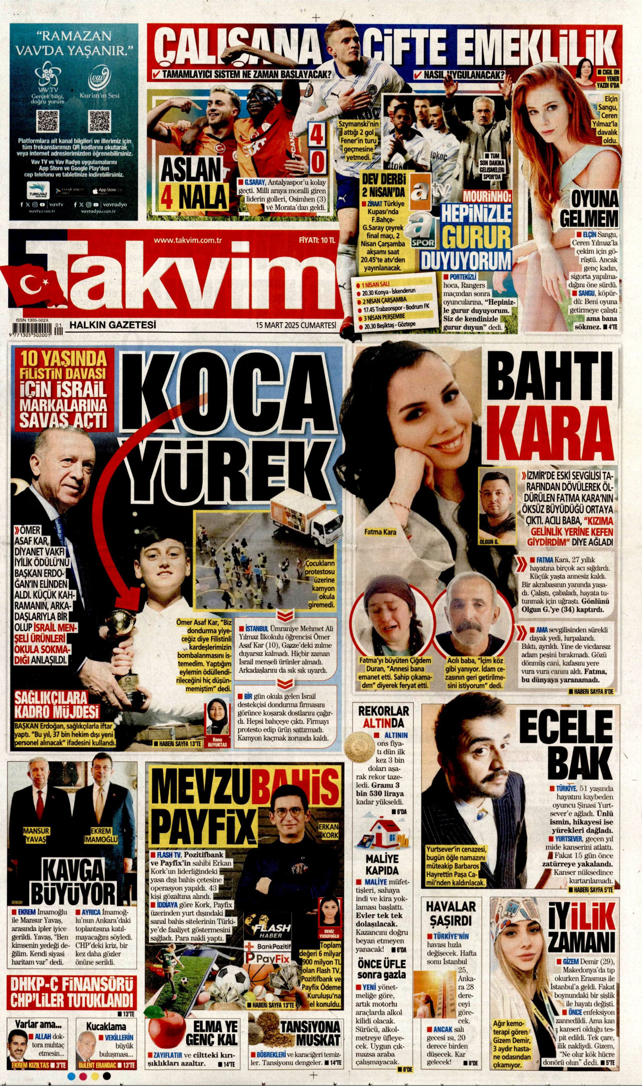 TAKVİM gazetesinin 15 Mart 2025 tarihli birinci sayfası