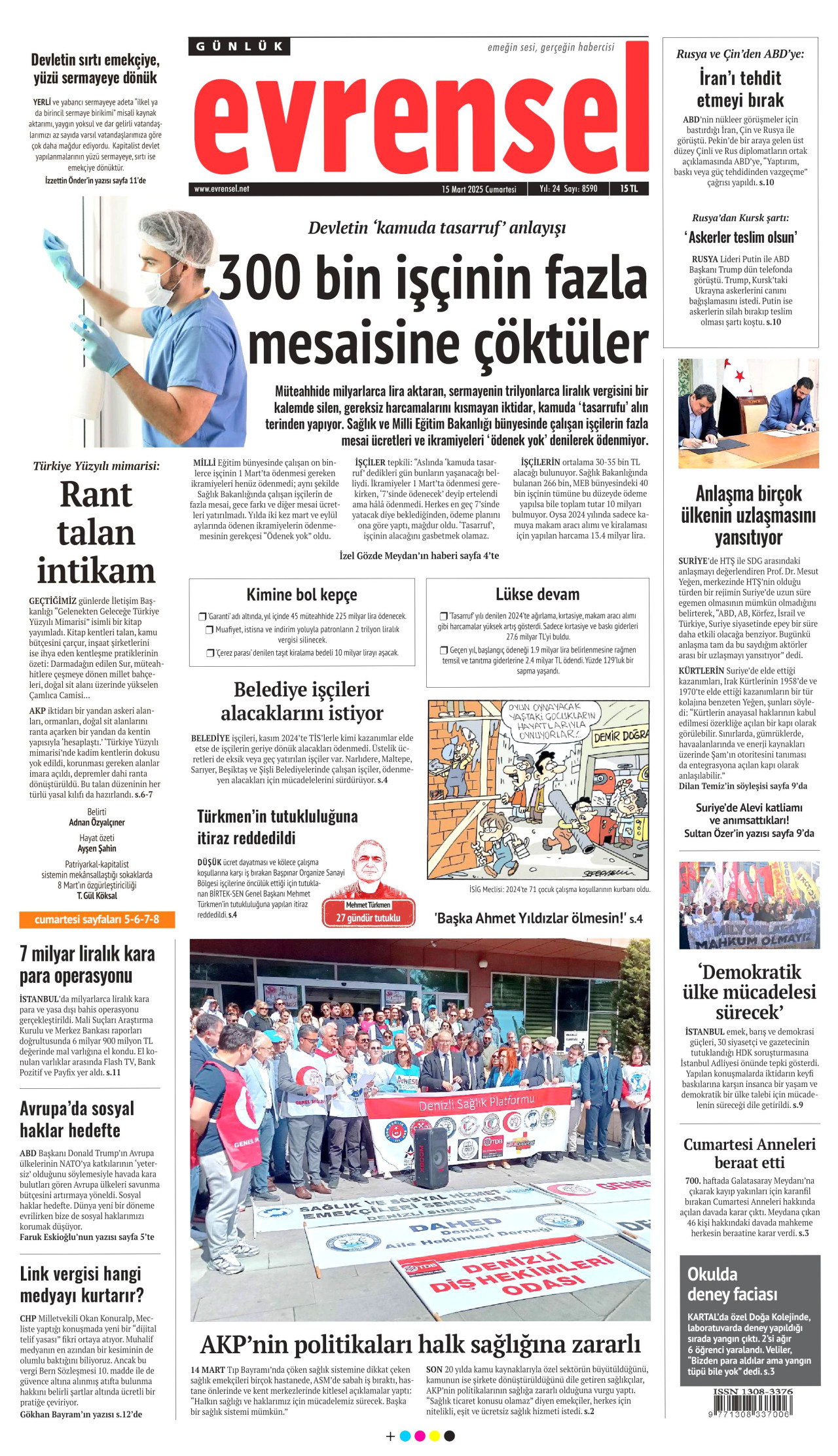 EVRENSEL gazetesinin 15 Mart 2025 tarihli birinci sayfası