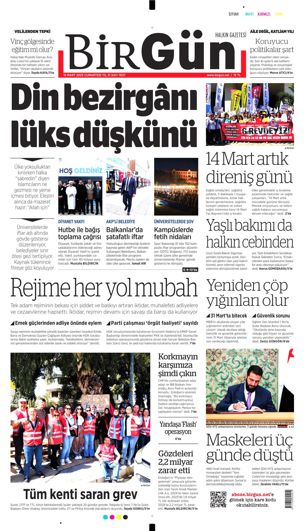 BİRGÜN gazetesinin 15 Mart 2025 tarihli birinci sayfası