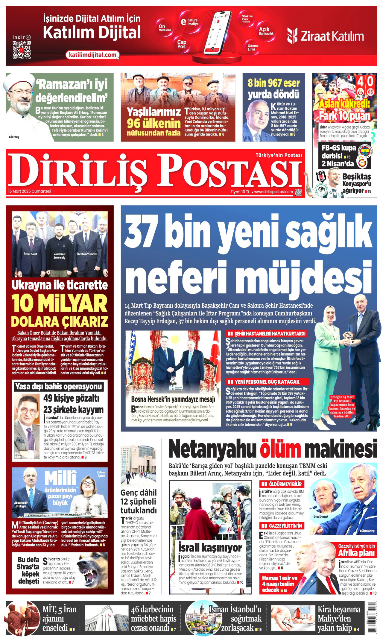 DİRİLİŞ POSTASI gazetesinin 15 Mart 2025 tarihli birinci sayfası