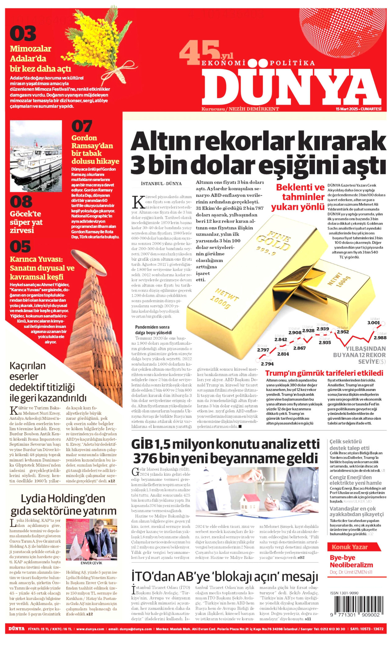 DÜNYA gazetesinin 15 Mart 2025 tarihli birinci sayfası