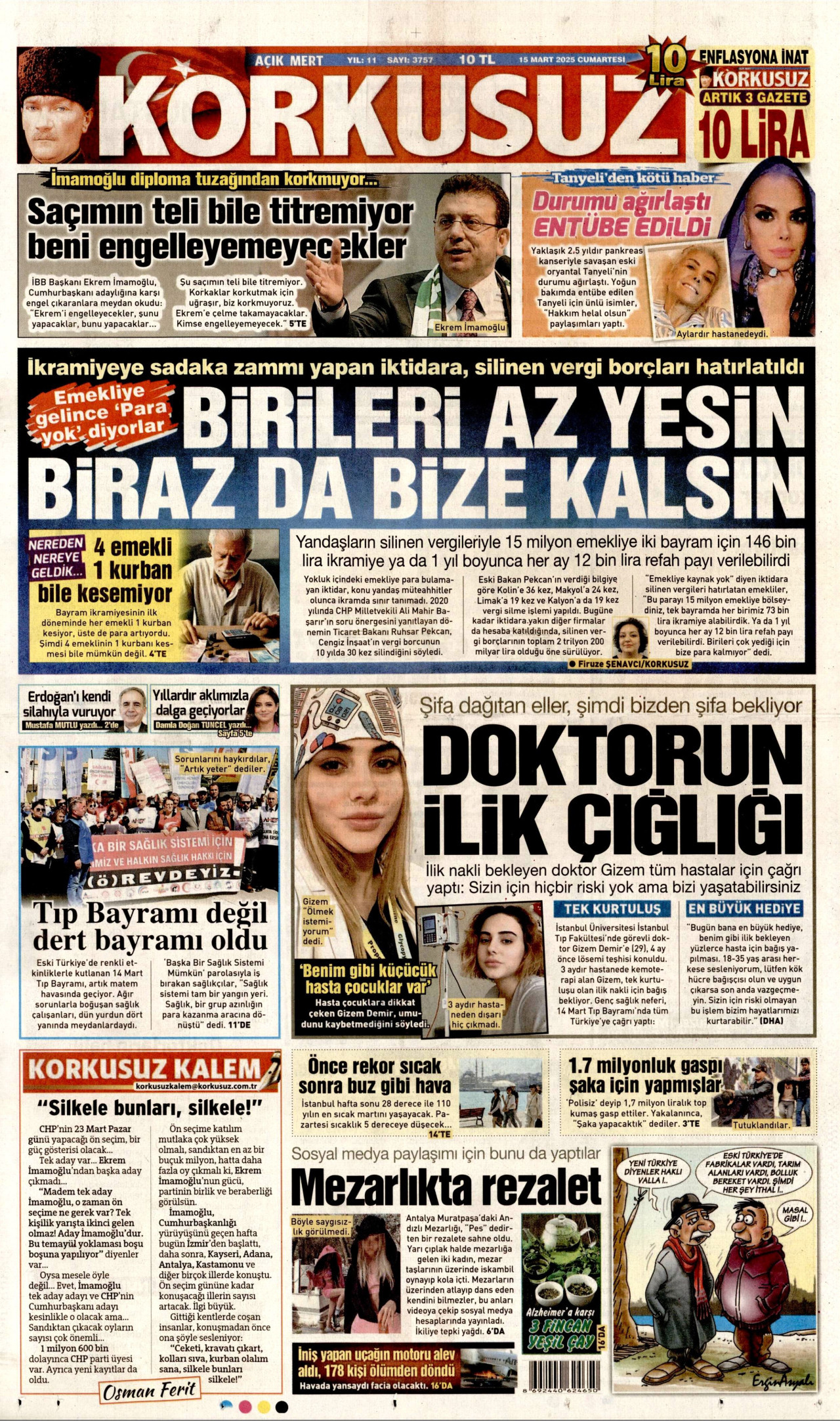 KORKUSUZ gazetesinin 15 Mart 2025 tarihli birinci sayfası