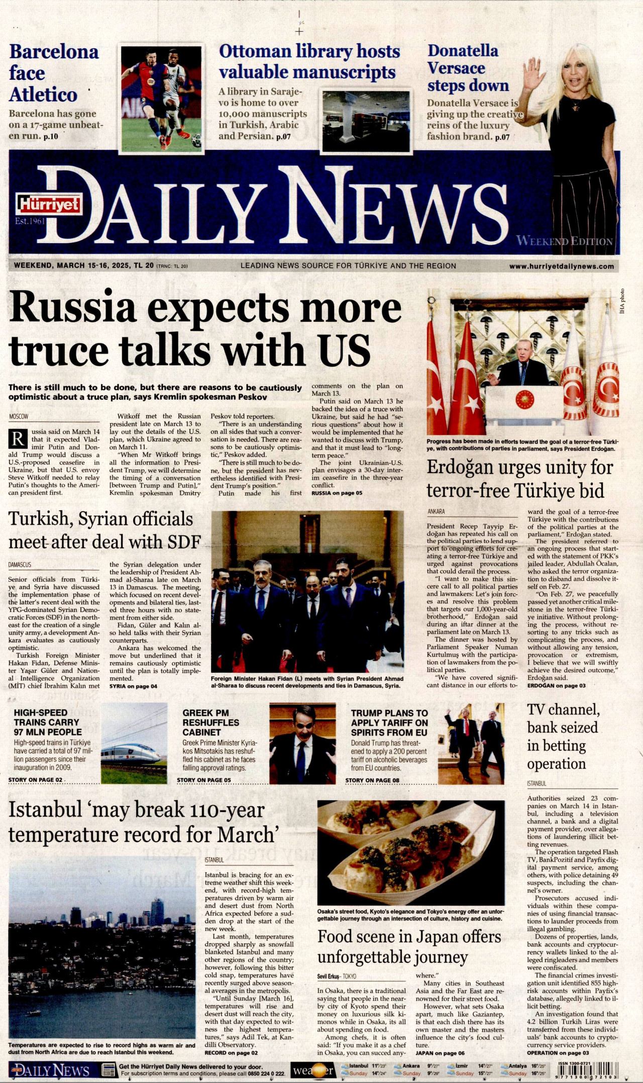 HÜRRİYET DAİLY NEWS gazetesinin 15 Mart 2025 tarihli birinci sayfası
