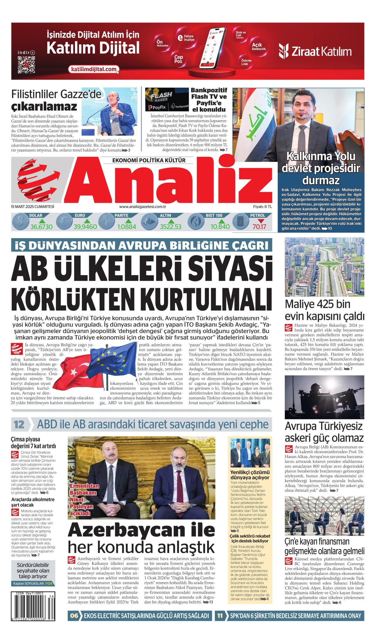 ANALİZ gazetesinin 15 Mart 2025 tarihli birinci sayfası