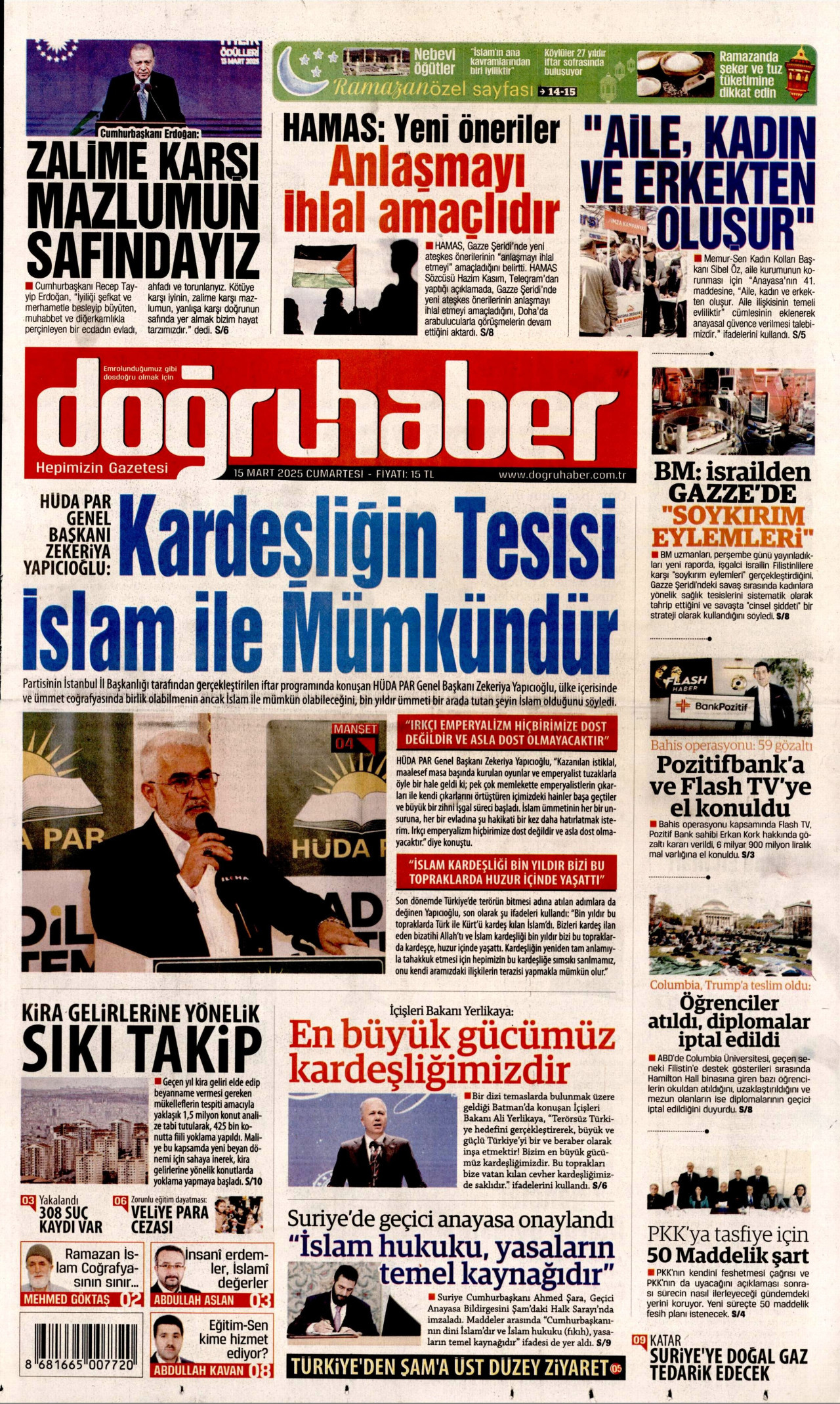 DOĞRU HABER gazetesinin 15 Mart 2025 tarihli birinci sayfası