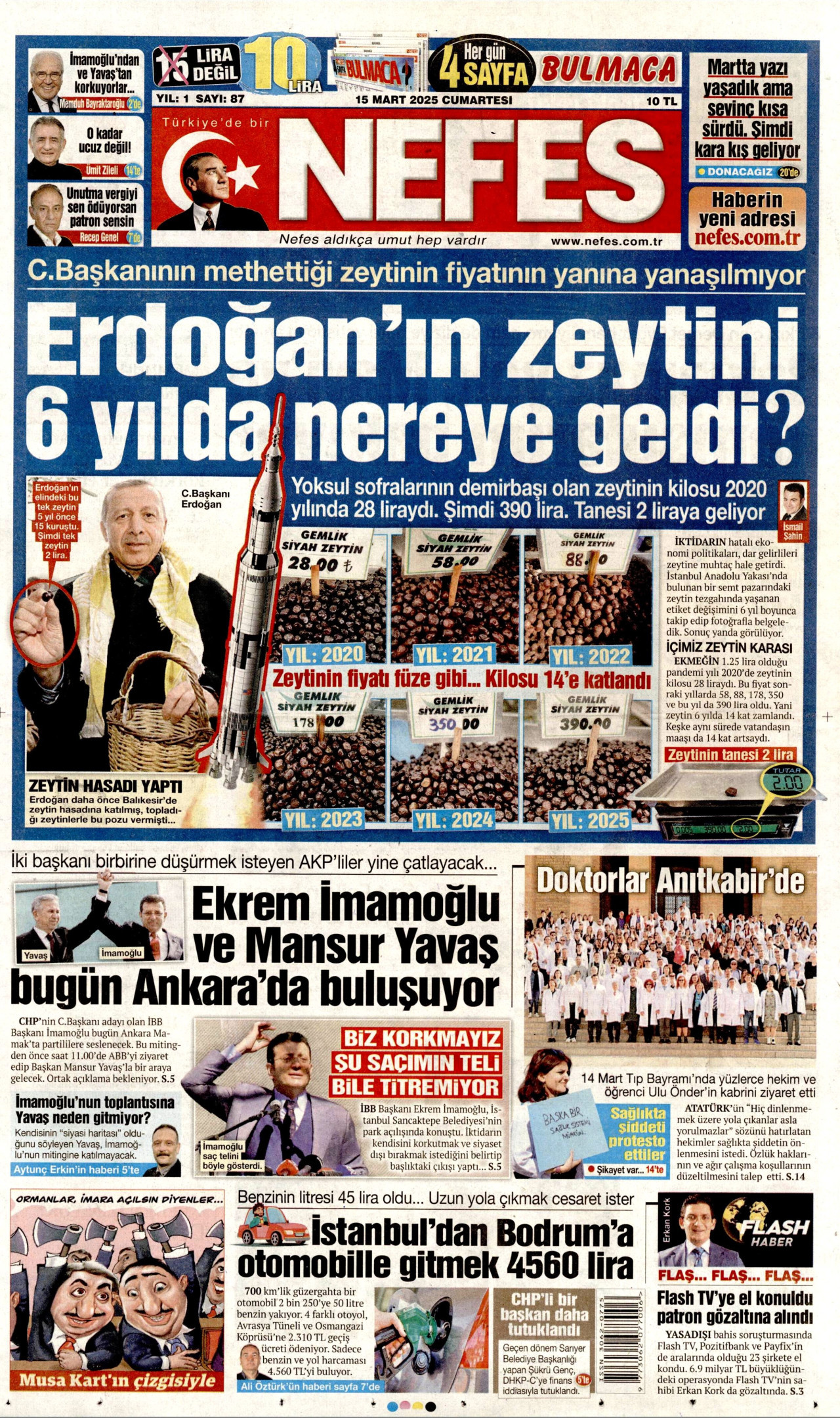 NEFES gazetesinin 15 Mart 2025 tarihli birinci sayfası