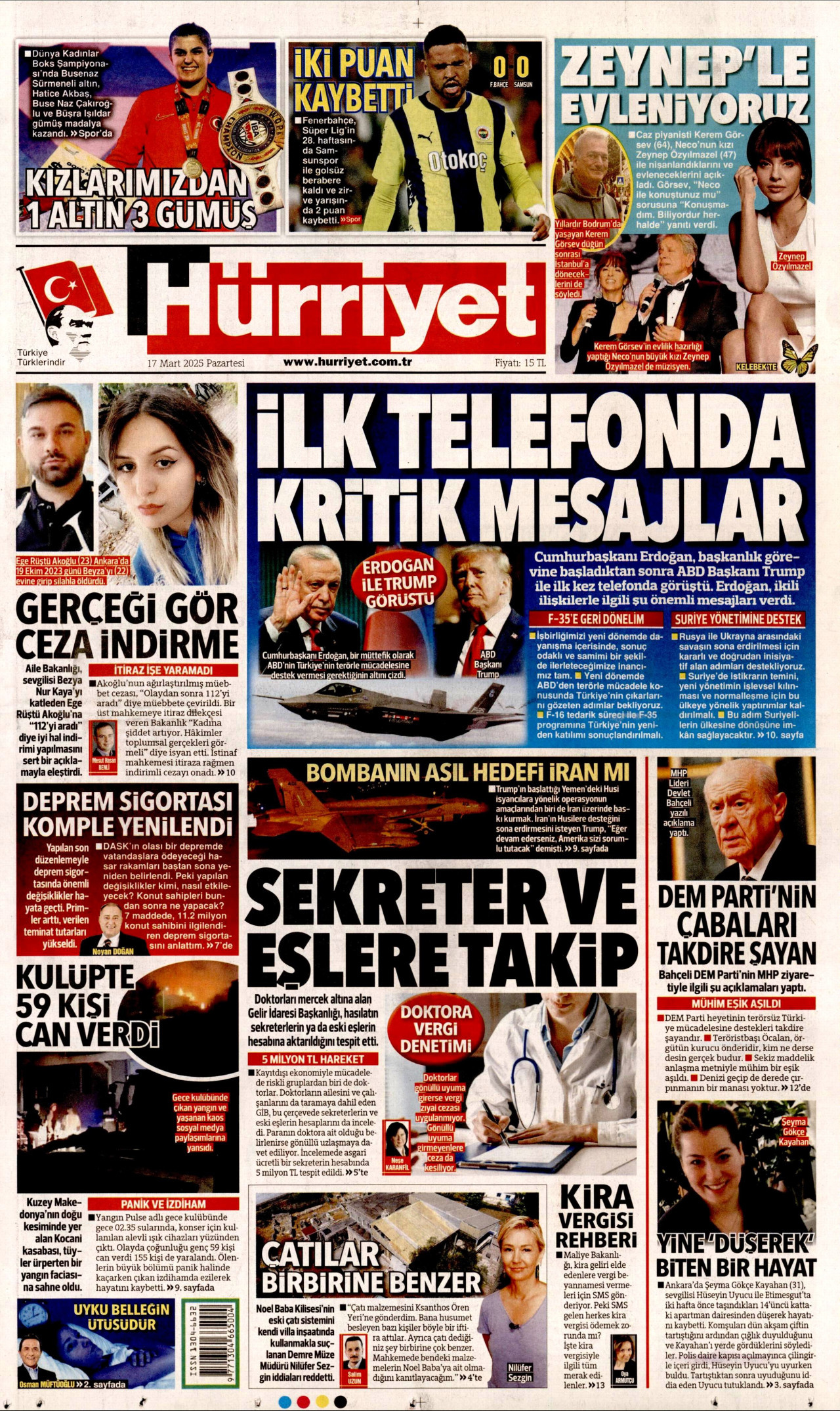 HÜRRİYET gazetesinin 17 Mart 2025 tarihli birinci sayfası