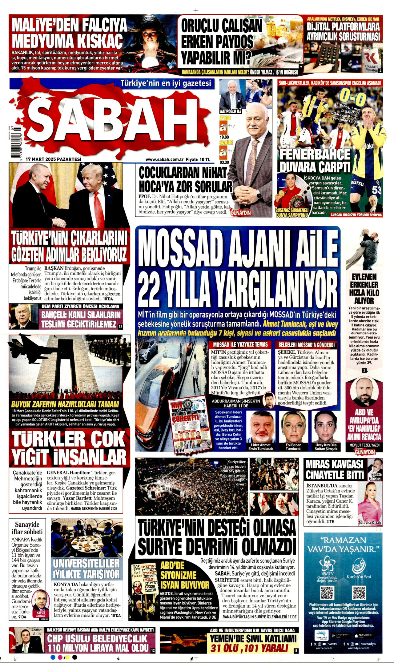 SABAH gazetesinin 17 Mart 2025 tarihli birinci sayfası