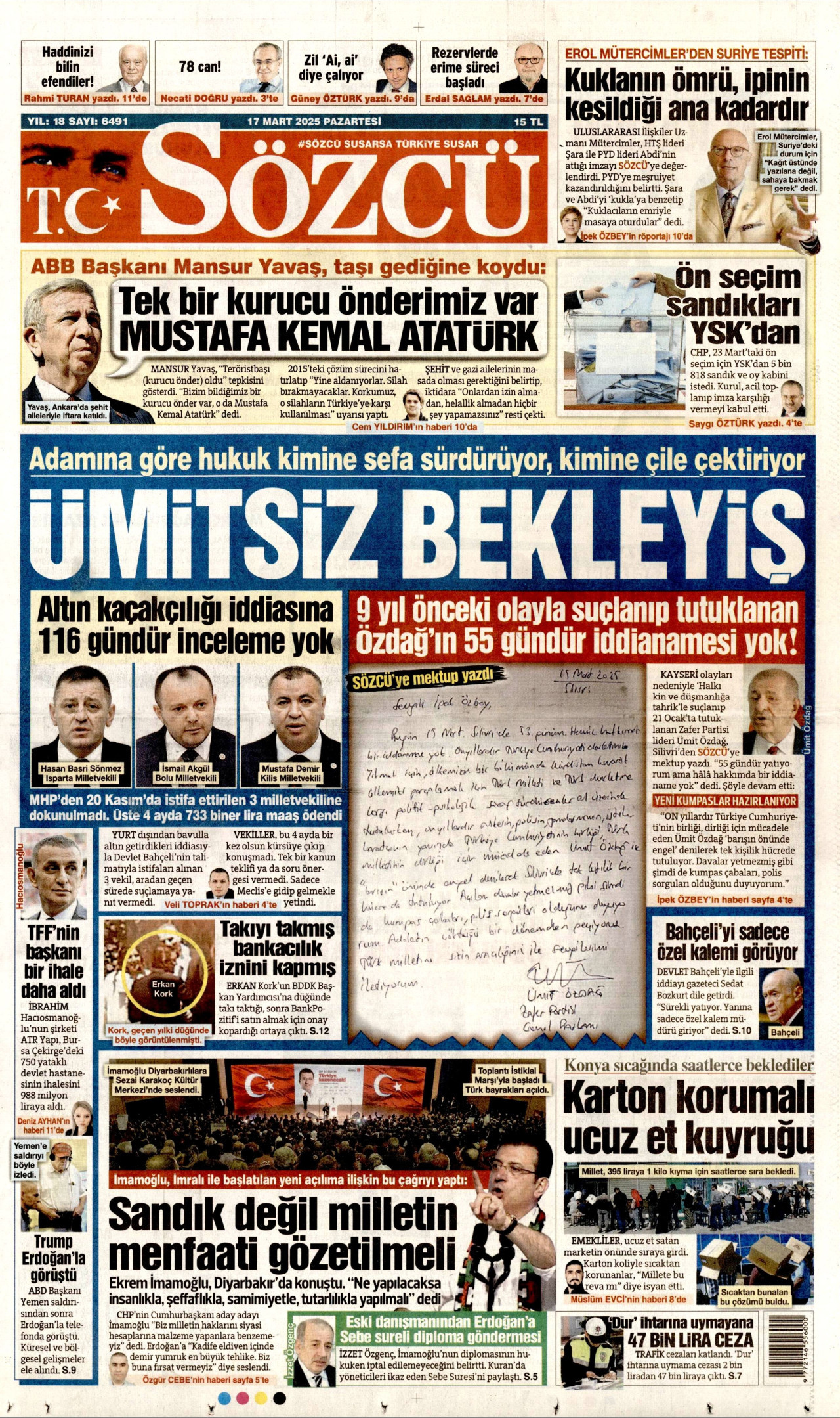 SÖZCÜ gazetesinin 17 Mart 2025 tarihli birinci sayfası