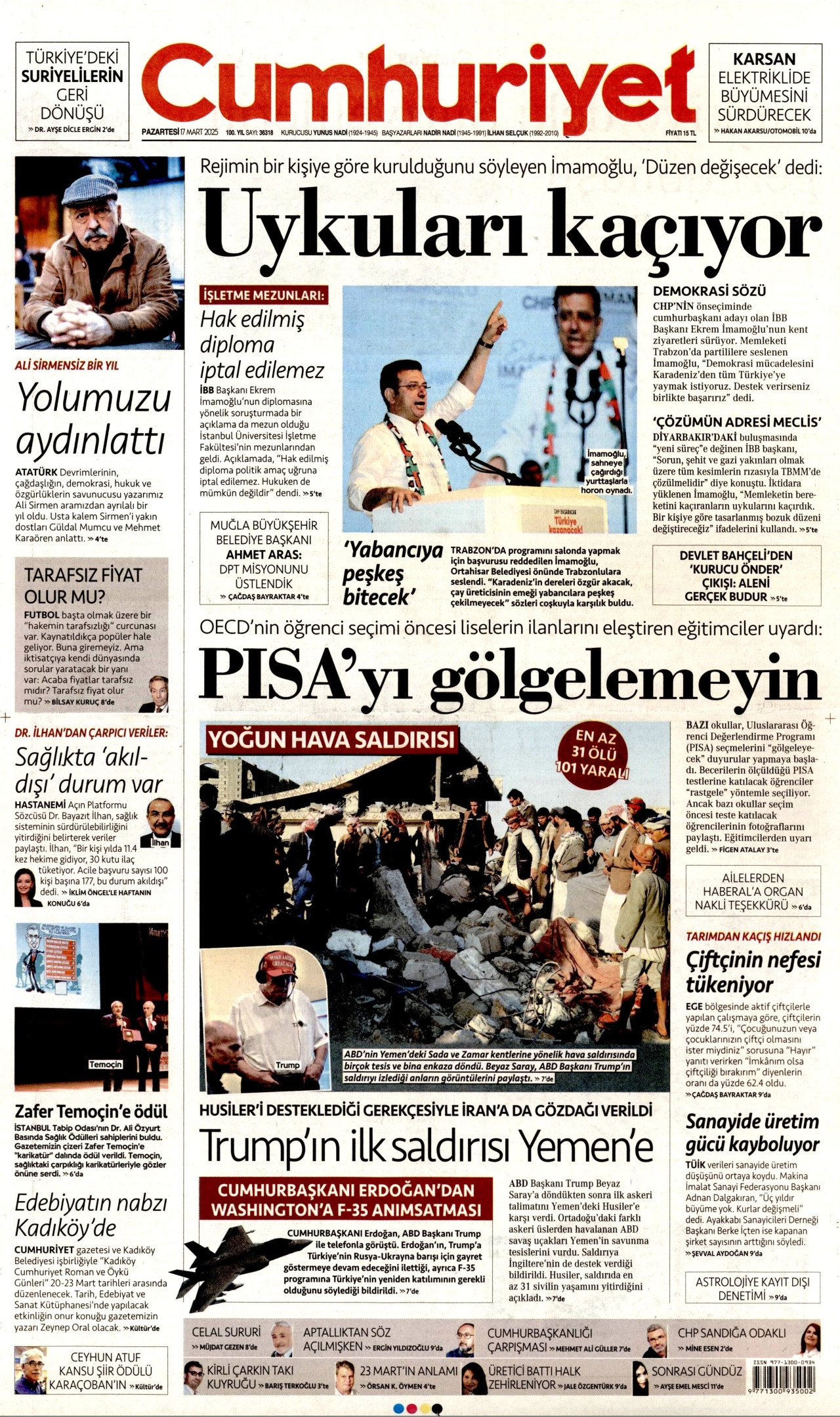CUMHURİYET gazetesinin 17 Mart 2025 tarihli birinci sayfası