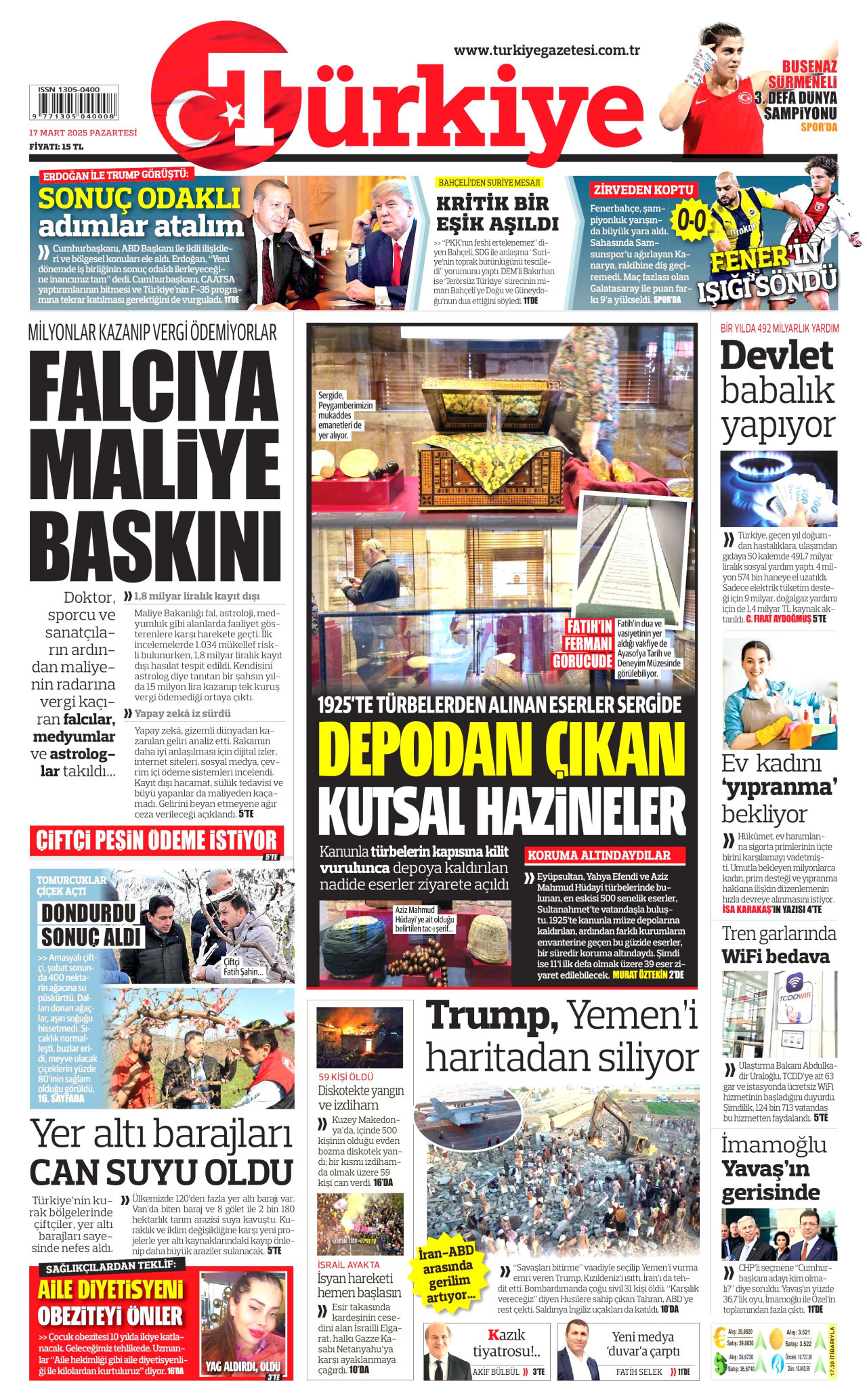TÜRKİYE GAZETESİ gazetesinin 17 Mart 2025 tarihli birinci sayfası