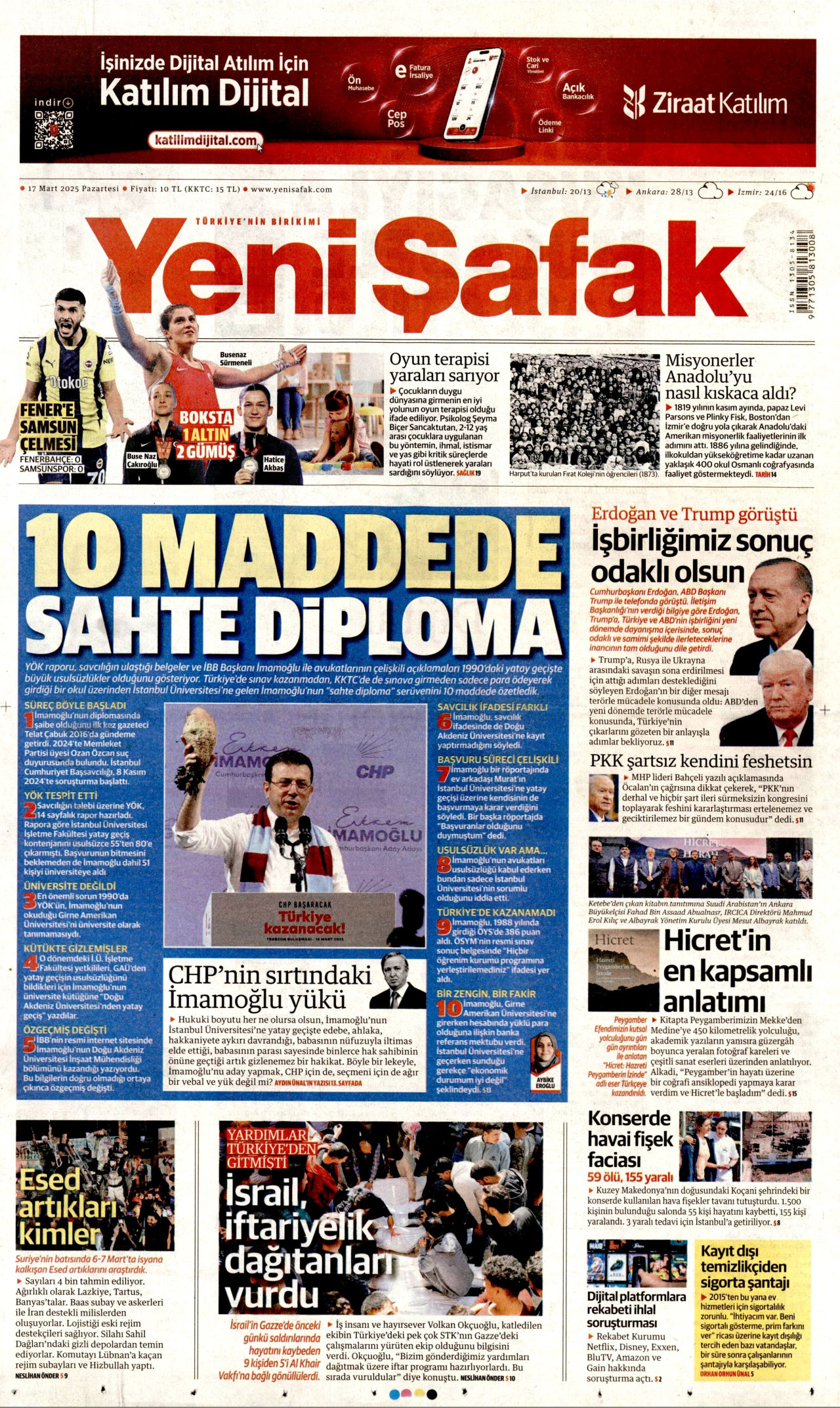 YENİ ŞAFAK gazetesinin 17 Mart 2025 tarihli birinci sayfası