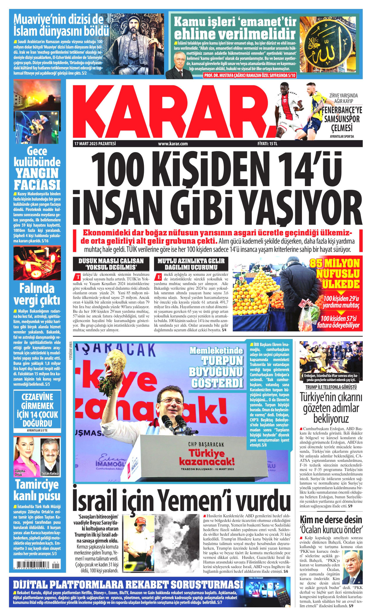 KARAR gazetesinin 17 Mart 2025 tarihli birinci sayfası