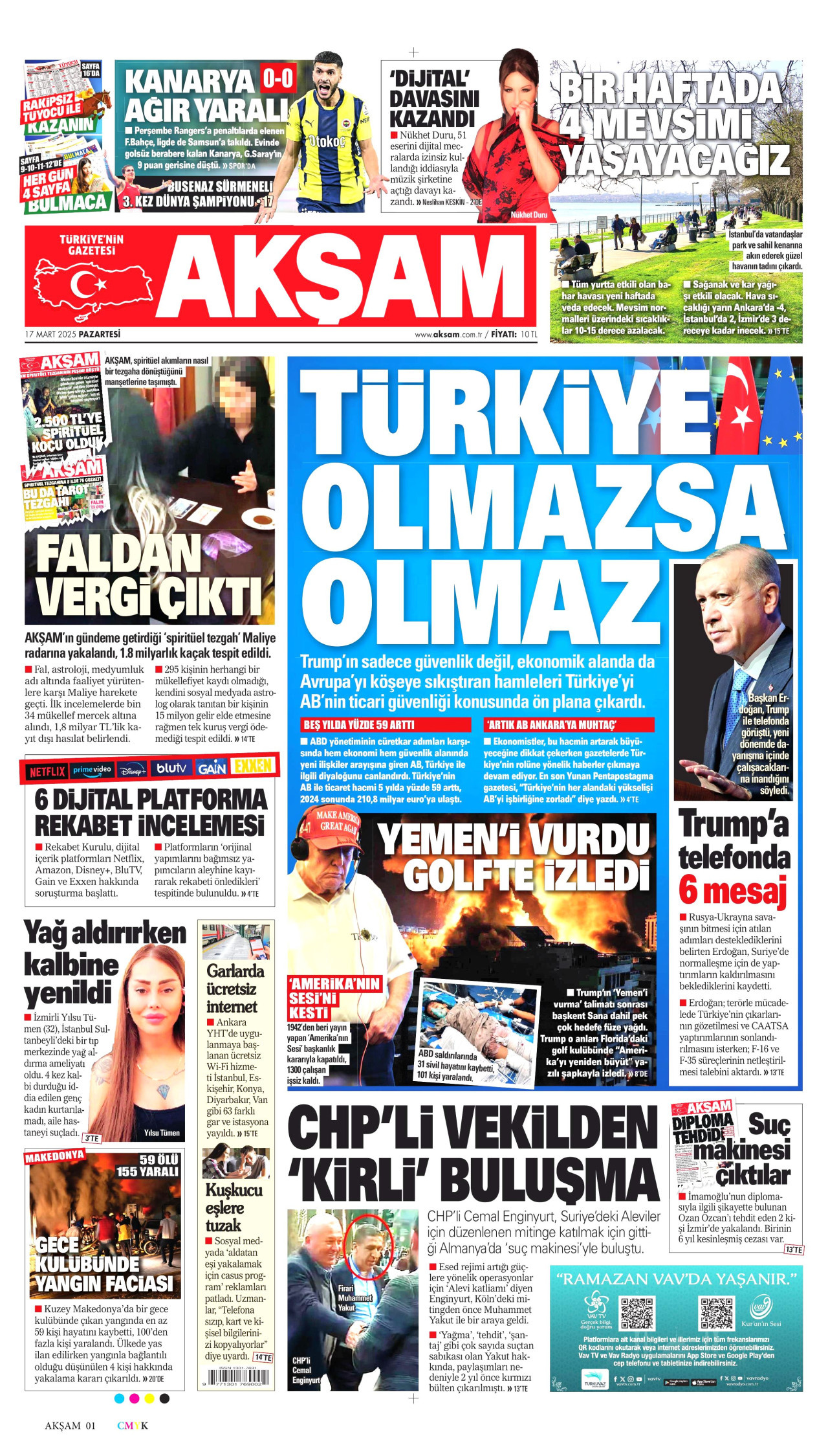 AKŞAM gazetesinin 17 Mart 2025 tarihli birinci sayfası